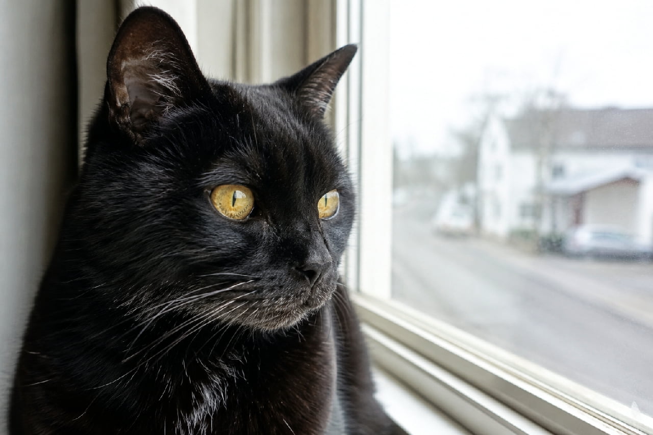 「窓の外の景色に何を思っているのかな?🐈⬛少し白髪の混じった黒猫おじいちゃんの、渋くてかっこいい横顔に惚れ惚れ✨ #老猫 #黒猫」Ultra-realistic high-quality photograph of a senior black cat sitting by a window, gazing outside at a street view with striking yellow eyes. The slight white hairs around its muzzle show its distinguished age. 明るい窓枠に座り、外の通りや建物の景色を静かに見つめる高齢の黒猫。美しいイエローの瞳が光を捉え、口元の少し白髪が混じった黒い被毛が、長い年月を生き抜いてきた風格を感じさせる