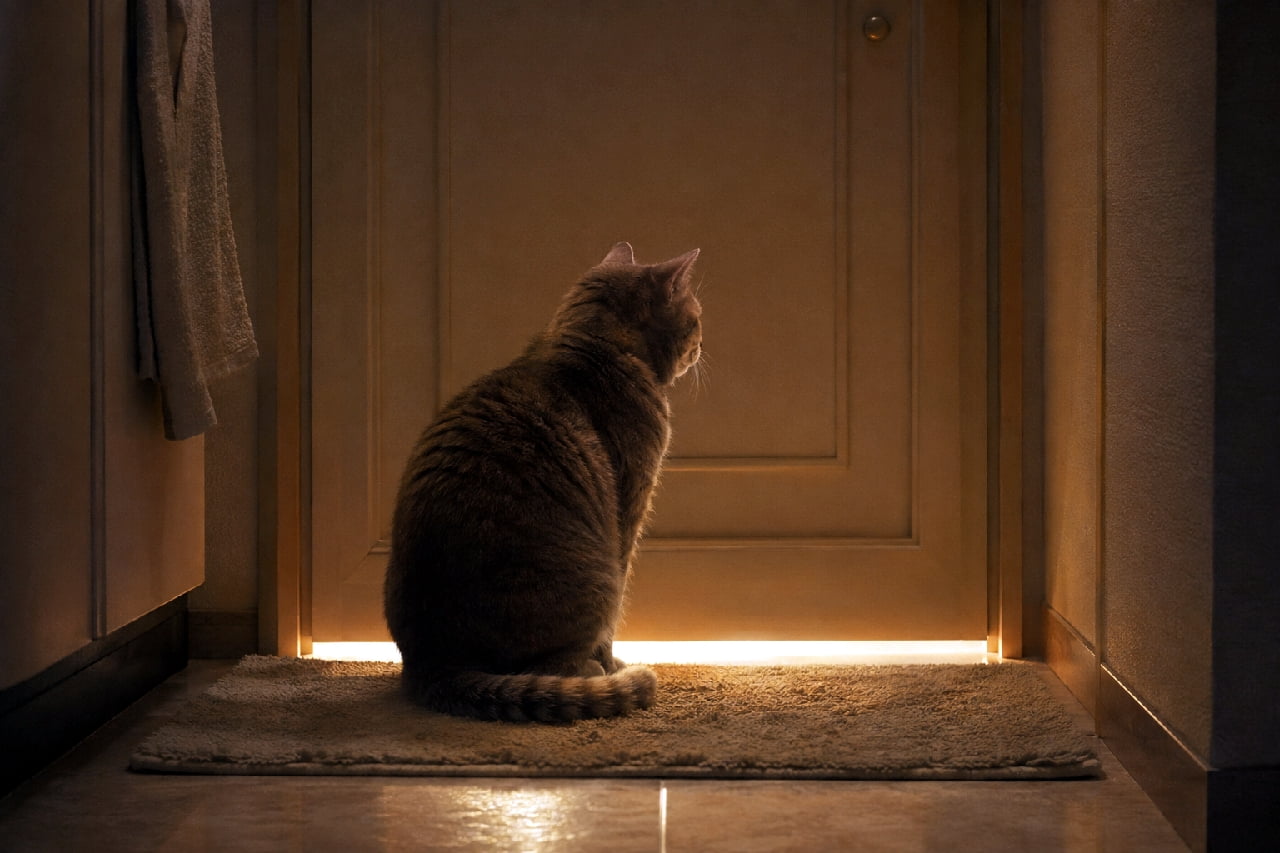 「早く開かないかな🚪✨ドアの向こうの大好きな人を静かに待つシニア猫さんの背中に、愛おしさが込み上げますね🐾 #老猫 #バスルーム」Ultra-realistic high-quality photograph of a senior ginger cat sitting in a dimly lit hallway, facing a closed wooden door and quietly waiting by the warm orange light leaking from the gap at the bottom. The cat's rounded back and slightly faded fur evoke a deep sense of loyalty and nostalgia. 薄暗い廊下で、閉まった木製のドアの前にちょこんと座り、ドアの下の隙間から漏れる暖かなオレンジ色の光を静かに見つめて待つ高齢の茶トラ猫の後ろ姿。少し丸みを帯びた背中と色褪せた被毛が、長年家族の帰りを待ち続けてきたようなシニア猫の深い愛情と哀愁を感じさせる情景
