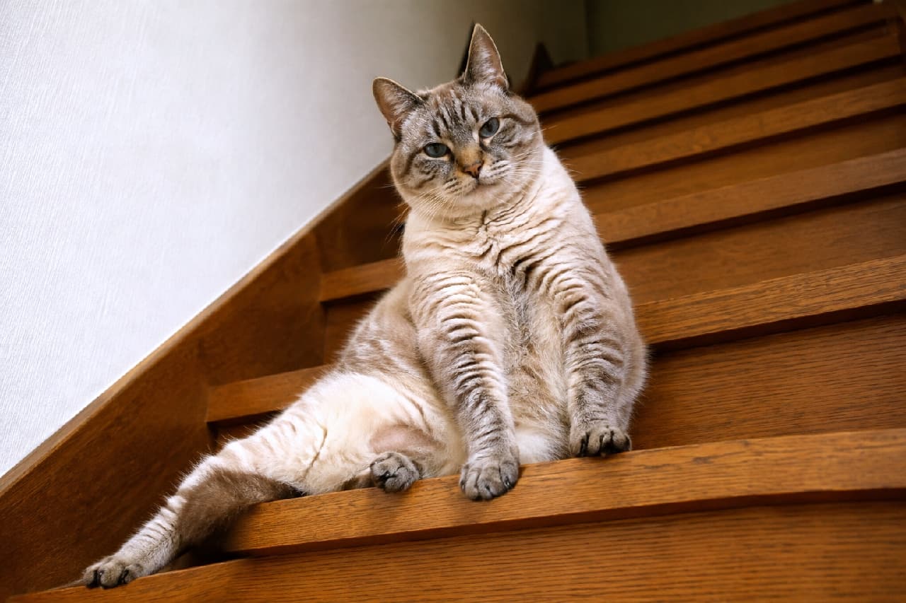 「階段の途中でどっこいしょ🐾ちょっとおじさんみたいな座り方でくつろぐシニア猫さんの貫禄に思わずクスッとしますね😹✨ #老猫 #階段」Ultra-realistic high-quality photograph of a senior lynx point cat sitting in a comical, human-like posture with its hind legs stretched out on a warm wooden staircase. It looks down at the camera with striking blue eyes, showing off its plump belly and dignified yet humorous presence. 暖かい色合いの木製階段の中段で、後ろ足をだらんと前に投げ出したユニークな「おじさん座り」をしてくつろぐ、高齢のリンクスポイント(トラ柄のシャムミックス)の猫。美しいブルーの瞳でカメラをじっと見下ろしており、ふっくらとしたお腹と貫禄のある佇まいが愛嬌たっぷりに描写