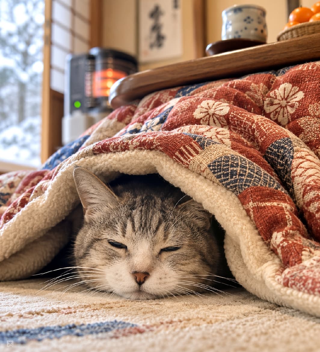 「日本の冬の特等席はここだにゃ🍊こたつでぬくぬく熟睡中のサバトラおじいちゃん、幸せそう💤 #老猫 #こたつむり」Ultra-realistic high-quality photograph of a senior silver tabby cat sleeping soundly, peeking out from under a red floral kotatsu blanket in a Japanese room. Warm atmosphere with a heater in the background. 冬の和室で、赤い花柄のこたつ布団に深く潜り込み、顔だけをのぞかせてスヤスヤと眠る高齢のサバトラ猫。シルバーと黒の縞模様の被毛が柔らかく、奥にはストーブとみかんが見える温かい情景