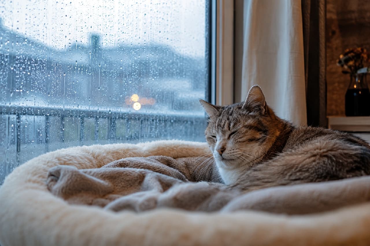 「外は冷たい雨だけど、お部屋の中はぽかぽか快適☔🐾ふかふかベッドで幸せそうな寝顔が最高ですね✨ #老猫 #雨の日」Ultra-realistic high-quality photograph of a senior tabby and white cat sleeping peacefully in a plush beige pet bed by a window. The cold, blue rainy scenery outside contrasts beautifully with the warm, cozy indoor atmosphere. 雨粒が光る窓辺に置かれたふかふかのベージュのペットベッドで、心地よさそうに目を閉じてまどろむ高齢のキジトラ白猫。外の冷たいブルーの雨景色と、室内の温かく柔らかい被毛のコントラストが美しい