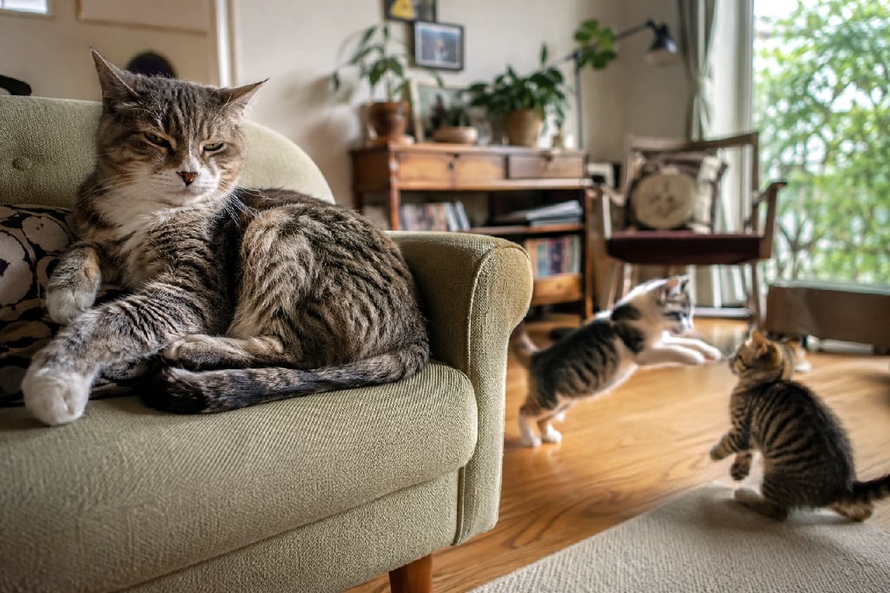 「子猫たちの元気な遊びを、ソファの特等席から見守るシニア猫さん🐈✨貫禄たっぷりの表情がたまらないですね! #老猫 #子猫」Ultra-realistic high-quality photograph of a dignified senior brown tabby and white cat resting on a green fabric sofa, calmly watching two energetic tabby kittens playing and jumping on the wooden floor. Soft natural light illuminates the cozy living room setting with plants and wooden furniture. ナチュラルな雰囲気のリビングルームで、グリーンのファブリックソファにどっしりと横たわる高齢のキジトラ白猫。やや目を細めた貫禄のある表情で、フローリングの床でじゃれ合って跳ねる2匹のキジトラ子猫たちを静かに見つめている。背後の観葉植物や木製家具に柔らかな自然光が差し込む、穏やかな多頭飼いの情景