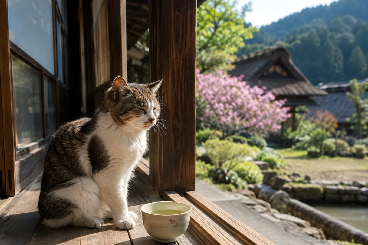 「縁側でぽかぽか日向ぼっこ☀️桜と茅葺き屋根を眺めるキジトラ白さんの、のんびりスローライフ🍵 #老猫 #ジャパニーズボブテイル」Ultra-realistic high-quality photograph of a senior tabby and white cat sitting on a Japanese veranda, looking out. A teacup is nearby, and the background features blooming cherry blossoms and a traditional thatched-roof village. 春の暖かな日差しの中、古い日本家屋の縁側にお座りして外を眺める高齢のキジトラ白猫。傍らには湯呑みが置かれ、背景には満開の桜と茅葺き屋根の古き良き日本の里山風景が広がっている