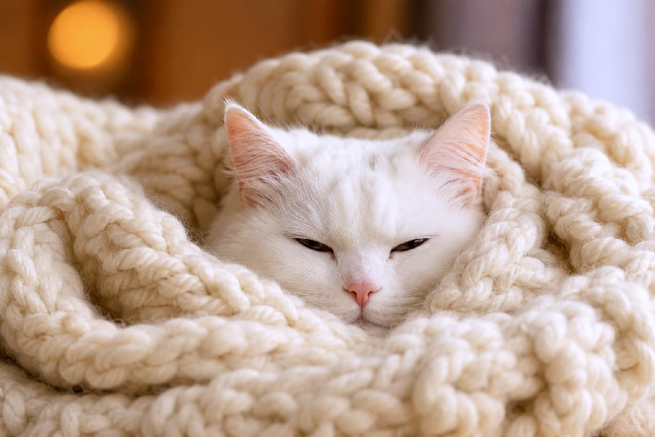 「ふわもこニットに包まれて冬ごもり❄️白猫おばあちゃんのうっとり顔に、心までぽかぽかしてきますね🤍 #老猫 #白猫」Ultra-realistic high-quality photograph of a senior white cat wrapped snugly in a thick off-white chunky knit blanket, showing only its face with a relaxed expression, against a background of warm bokeh lights. 極太の毛糸で編まれたオフホワイトのチャンキーニットにすっぽりと包まれ、顔だけを出してまどろむ高齢の白猫。ピンク色のお鼻と、少し細められた目がリラックスした雰囲気を醸し出し、背景には温かなイルミネーションのボケが見える