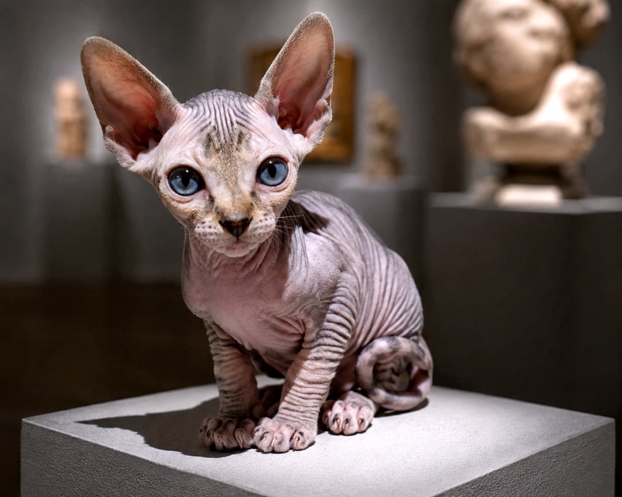 「美術館で出会った生きたアート作品🎨✨ 神秘的な大きな青い瞳に見つめられると、もう目が離せませんよね🐈💙」Ultra-realistic high-quality close-up photograph of a very small, completely hairless Singapura and Sphynx MIX cat sitting on a grey pedestal in an art gallery. The cat features delicate wrinkled skin with faint markings and striking blue eyes looking directly at the viewer. Precise spotlighting beautifully highlights the feline as a living masterpiece against a soft-focused background of classical sculptures. 精緻なスポットライトが当たる美術館のグレーの展示台にちょこんと座る、シンガプーラとスフィンクスの小さなMIX猫。被毛のない肌に刻まれた深いシワや顔の淡い模様、そして吸い込まれるような大きな青い瞳が特徴的です。背景のクラシカルな彫刻作品が美しくボケており、猫自身が一つの生きた芸術作品のように際立つ、神秘的で高画質なクローズアップ写真