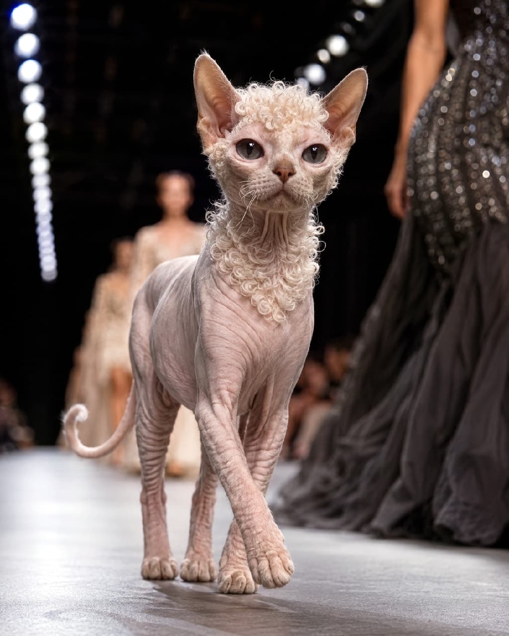 「ランウェイの主役はいただきニャ🐈👠 奇抜すぎるカーリーヘアと裸のボディのギャップから目が離せない!✨」Ultra-realistic high-quality high-fashion photograph of a Sphynx and Devon Rex MIX cat walking gracefully down a runway. The cat features an unnatural, biologically impossible appearance with a completely hairless pink body, but a dense, highly curly white coat only on its head and neck. It has large, striking blue-grey eyes looking straight ahead. The background is softly blurred, showing fashion models in elegant designer dresses under dramatic stage lighting. ドラマチックなステージ照明に照らされたファッションショーのランウェイを堂々と歩く、スフィンクスとデボンレックスのMIX猫。体はシワのある完全にヘアレスなピンク色の肌ですが、頭部から首回りにかけてのみ、白く細かいカーリーヘアが密集して生えているという、生物学的には不自然な姿(生成失敗作)をしています。青みがかった大きな瞳で正面を見据え、背景にはきらびやかなドレスを着たモデルたちがぼやけて映り込み、ハイファッション特有の洗練された空間を演出