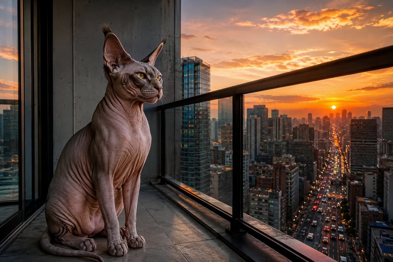 「夕陽に染まる街を、屋上から見下ろすボス猫様降臨🏙️✨ 筋肉美とシワの質感が最高にクールで痺れます🐾」Ultra-realistic high-quality photograph from an urban perspective. A large, completely hairless, muscular Sphynx x Maine Coon MIX cat with detailed wrinkled skin and small ear tufts sits on a modern high-rise balcony. Its yellow eyes gaze over a bustling city skyline during a dramatic sunset, with warm orange clouds and building lights begin to twinkle. Concrete and glass architecture form the immediate surroundings. 高層ビルのガラスとコンクリートでできたバルコニーに、ピンク色のシワのある皮膚を持つ、筋肉質で大きなスフィンクス×メインクーンMIXのヘアレス猫が座っている。黄色い瞳は、オレンジ色に染まるドラマチックな夕焼け空と、光り始めた高層ビル群、車の列が続く都市のスカイラインを静かに見つめている。耳にはリンクスティップがある。夕陽の温かい光が猫の皮膚と都会の景色を照らしている