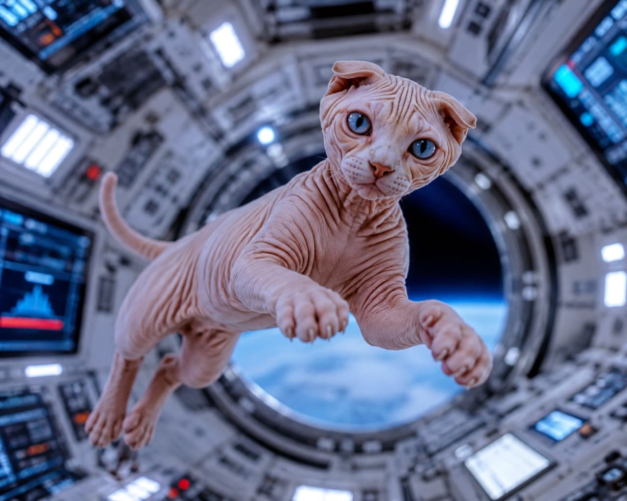 「宇宙ステーションをパトロール中の無重力キャット発見🐾🚀 ぷかぷか浮かぶ不思議な姿から目が離せませんね✨」Ultra-realistic high-quality sci-fi photograph of a completely hairless Sphynx and Scottish Fold MIX cat floating in a low-gravity space station. The cat features folded ears, detailed wrinkled pink skin, and large blue eyes looking directly at the camera. The background shows illuminated control panels, cool blue LED lights, and a view of Earth through a circular window, creating a cinematic, futuristic atmosphere. 青白いLEDライトと計器パネルが並ぶ近未来的な宇宙ステーションの船内で、無重力状態をフワフワと漂うスフィンクスとスコティッシュフォールドのMIX猫。完全に被毛のないピンク色の肌に刻まれた深いシワと、ペタンと折れた耳が特徴的です。大きな青い瞳でカメラを不思議そうに見つめ、手足を伸ばして浮遊する姿が、背景の窓から見える青い地球と相まって、壮大でSF映画のワンシーンのような情景を描き出しています