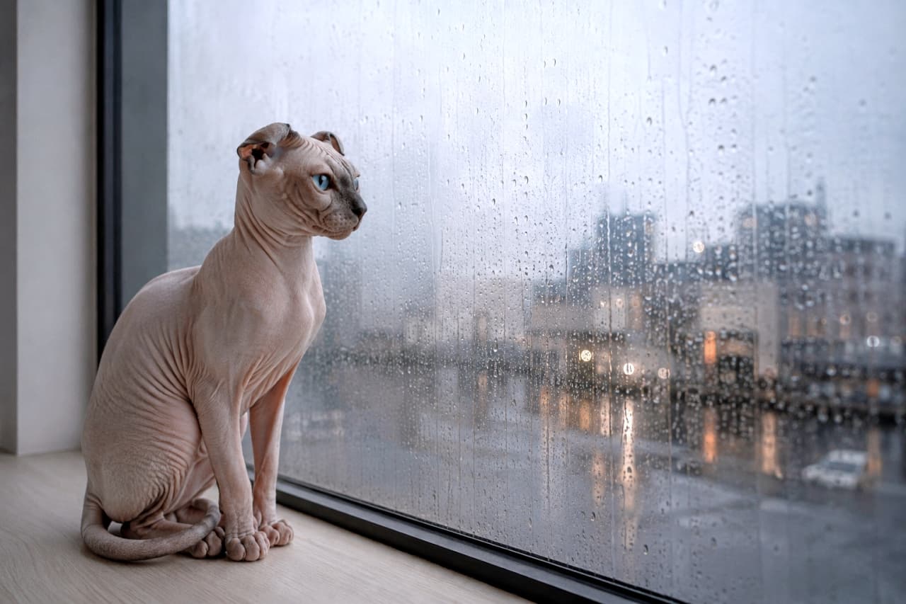 「雨の日の街並みを特等席で観察中👀☔️ ちょこんと揃えた前脚とミステリアスな横顔から目が離せませんね🐈💙」Ultra-realistic high-quality photograph of a slender, hairless Siamese, Scottish Fold, and Sphynx MIX cat sitting by a large glass window. The cat features folded ears, facial point coloration, and blue eyes, looking out at a rainy day. Raindrops reflect on the glass against a soft-focused, grey city skyline, creating a moody and cinematic atmosphere. 灰色の雨空の下、大きな窓辺にお座りして外の景色を見つめるシャム×スコティッシュフォールド×スフィンクスのMIX猫。被毛のないピンク色の肌、ペタンと折れた耳、そしてシャム特有の顔のポイントカラーと青い瞳が特徴的です。窓ガラスについた無数の水滴と、ぼやけて光る都会の街並みが、しっとりとした映画のような雰囲気を演出