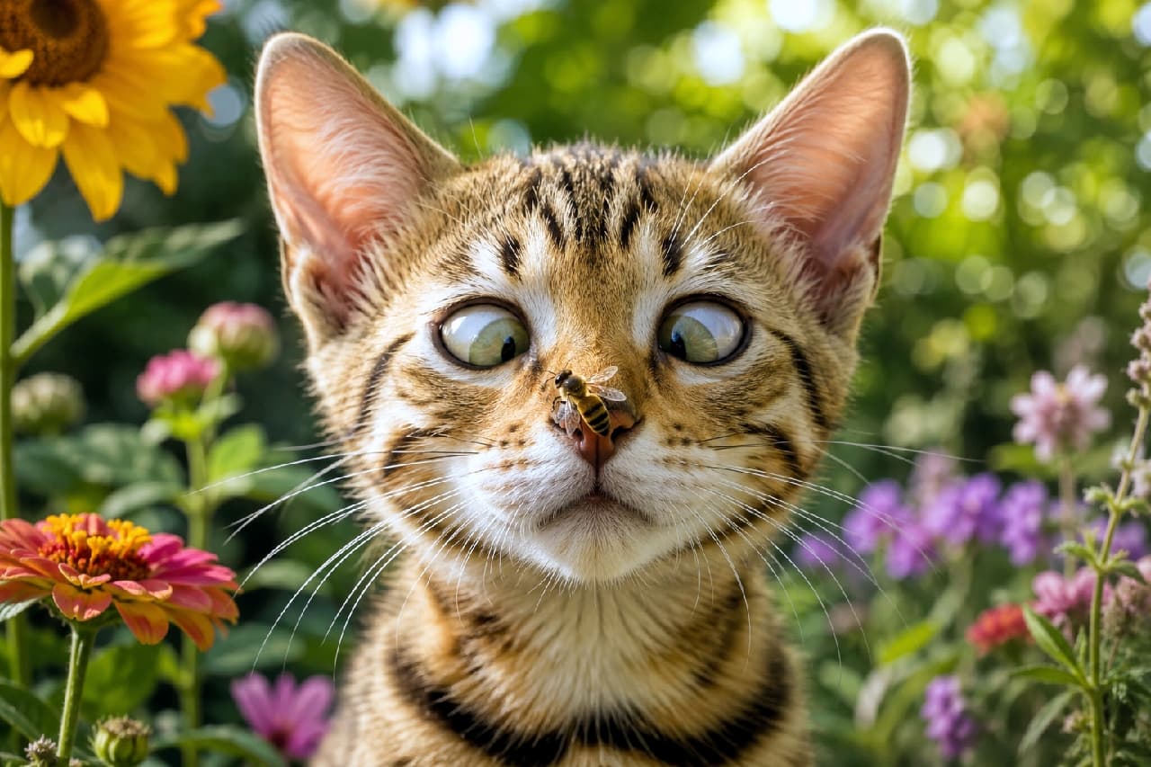 「お鼻にチクッとハプニング!?🐝 お花畑での小さな出会いに寄り目になっちゃう姿がキュートすぎます🌻💕 #ベンガル子猫 #寄り目」Ultra-realistic high-quality photograph of a Bengal kitten in a vibrant flower garden, looking cross-eyed in surprise at a small bee resting on its nose. The beautiful spotted tabby coat and bright summer flowers create a lively and highly detailed natural scene. 色とりどりの夏の花が咲くガーデンで、鼻先に止まった一匹のミツバチに驚き、見事な寄り目になっているベンガル子猫の高画質写真。スポッテッドタビー(ヒョウ柄)の美しい被毛、グリーンの瞳、そしてヒマワリやピンクの花々が鮮やかなボケ味とともに夏の生命力を感じさせます