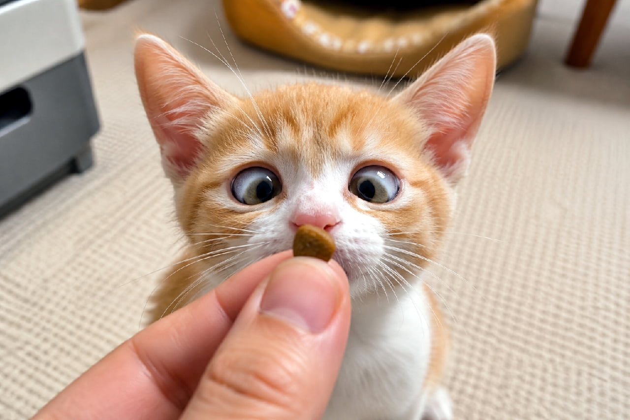 「おやつへの執念が顔に出すぎてる!😹 寄り目になるほど真剣な眼差しに思わず笑っちゃいますね🤏✨ #茶白子猫 #寄り目」Ultra-realistic high-quality macro photograph of a ginger and white kitten intensely looking cross-eyed at a single piece of cat treat held by a human hand. The kitten's wide, clear eyes and bright coat reflect pure excitement in a cozy indoor setting. 人間の指先につままれた一粒のキャットフード(おやつ)を、全神経を集中させて寄り目で見つめる茶白の子猫の高画質接写写真。オレンジと白の明るい被毛、大きく見開かれたクリアな瞳、そして背景にぼんやりと映る室内とキャットベッドが、日常のご褒美タイムのワクワク感を表現