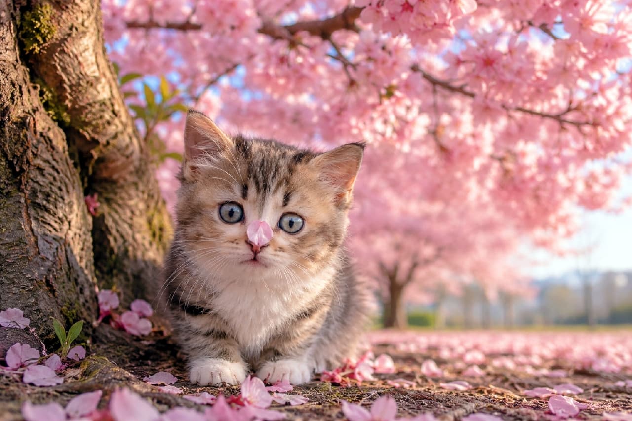 「お鼻に落ちた桜の花びらにびっくり🌸 寄り目になっちゃう姿が最高に愛おしい春のワンシーンですね🐈💕#マンチカン #寄り目」Ultra-realistic high-quality photograph of a fluffy tabby Munchkin kitten sitting under a blooming cherry tree, looking cross-eyed at a pink petal on its nose, bathed in soft spring sunlight. 満開の桜の木の下で、鼻先に落ちた一枚のピンク色の花びらを寄り目で見つめるキジトラのマンチカン子猫。柔らかな春の日差しが、ふわふわの被毛と澄んだ大きな瞳を優しく照らし出し、春の訪れを感じさせる美しく精緻な写真