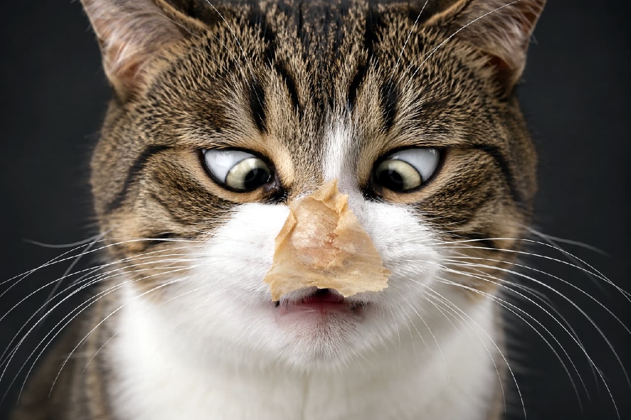 「お鼻に何かついてるよ!?🙀 かつお節一つでこんなに面白い変顔になっちゃうの最高すぎますね😹✨ #キジ白 #寄り目」Ultra-realistic high-quality photograph of a tabby and white cat against a dark grey background. The cat is looking cross-eyed with intense surprise at a thin dried bonito flake stuck to its nose, capturing a highly comical expression with sharp details of its whiskers. ダークグレーの背景に浮かび上がる、キジ白(キジトラと白)の猫の高画質ポートレート。鼻の頭にくっついた薄いかつお節を不思議そうに極端な寄り目で見つめています。見開かれた大きな瞳と、少し開いた口元のコミカルな表情、そしてピンと張った白いヒゲが克明に描写されています