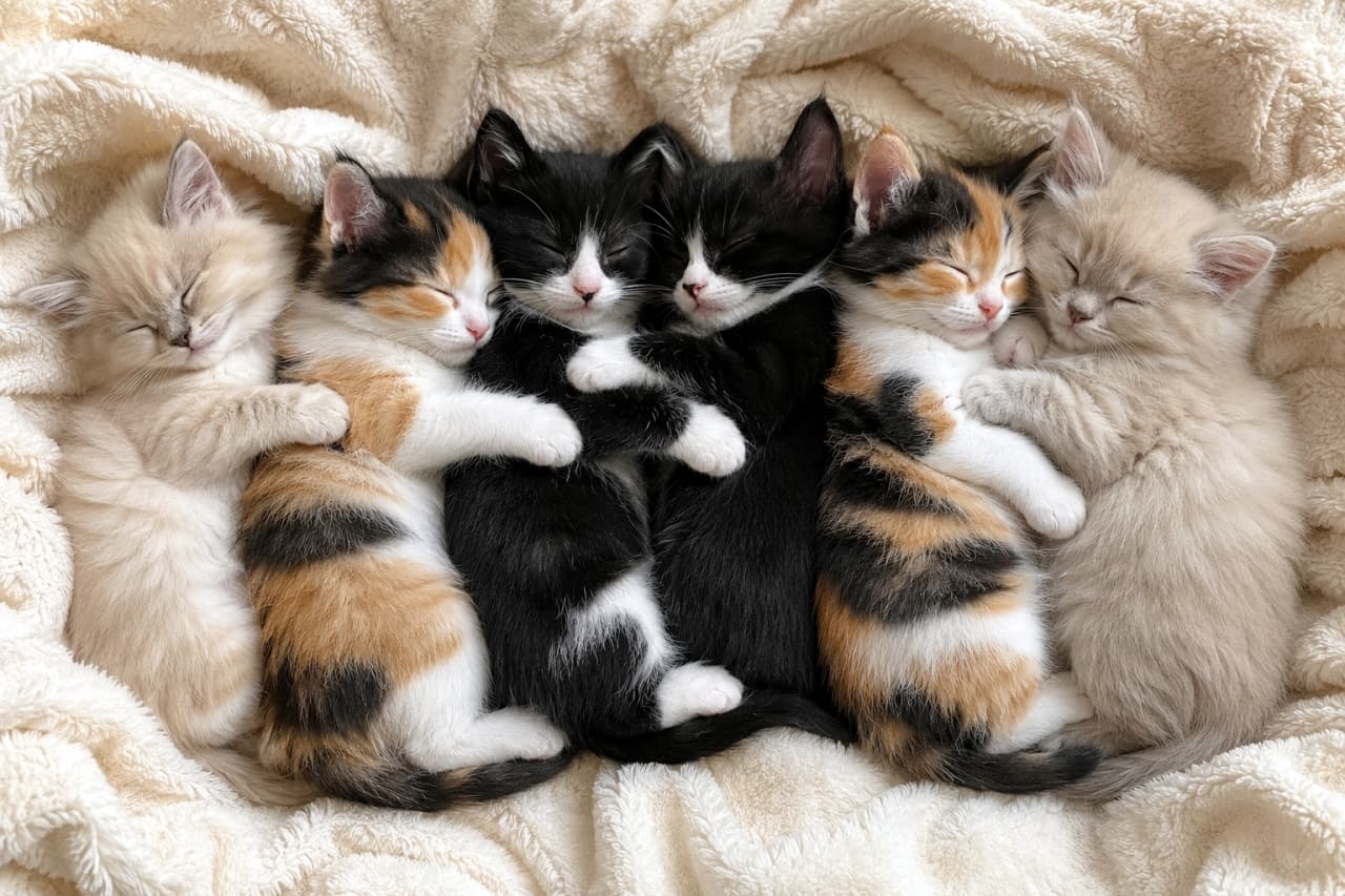 「両端のコーニッシュレックスが黒猫と白猫を優しくハグ!巻き毛とフワフワが合わさる奇跡の寝相です🐾✨ #スプーン抱っこ #ちびっ子猫」Ultra-realistic high-quality photograph from a top-down view showing six tiny kittens sleeping tightly together in a row, hugging each other from behind. Resting on a cozy off-white blanket, the symmetrical arrangement features sweet fluffy cream Ragamuffins on the outer edges, enclosing colorful calicos, with two black-and-white tuxedo kittens in the center. Their peacefully closed eyes, embracing arms, and diverse fur textures are captured exquisitely under warm natural light. 柔らかなオフホワイトの毛布の上で、6匹の小さな子猫が一列に並び、後ろから抱きつく形で密着して眠る高画質な俯瞰写真。両端に豊かな長毛を持つクリーム色のラガマフィン、その内側に黒・茶・白が鮮やかな三毛猫、中央にソリッドな黒白のタキシード猫が左右対称に配置されています。深く眠って瞳を閉じる中、それぞれが前の子へ小さな腕を回して力強く抱え込む穏やかな表情や、品種ごとに異なる被毛のボリューム感が、温かい自然光の中で立体的かつ緻密に描写されています