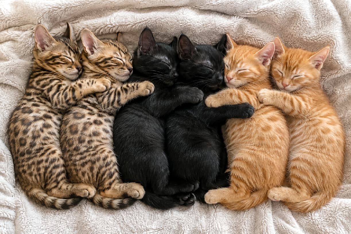 「ベンガル、黒猫、茶トラのちびっ子たちがスプーン抱っこで夢の中💤 思わず「いいね」を押したくなる、尊すぎる整列姿ですね🐾💖 #スプーン抱っこ #ちびっ子猫」Ultra-realistic high-quality photograph from a top-down view showing six tiny kittens sleeping tightly together in a spooning position on a cozy, fluffy off-white blanket. Arranged in pairs from left to right are two leopard-spotted Bengal kittens, two solid black kittens, and two orange tabbies, each gently hugging the one in front of it. Their peacefully closed eyes, varied soft fur textures, and striking coat patterns are beautifully captured in warm natural light. 柔らかなオフホワイトのふかふか毛布の上で、6匹の小さな子猫が一列に並んでスプーン型に密着して眠る高画質な俯瞰写真。左から、野生的なレオパード柄が美しいベンガル、艶やかな被毛の黒猫、鮮やかなオレンジ色の茶トラの順に2匹ずつ並んでいます。それぞれが前の子を短い前足でしっかりと抱きしめ、安心しきってスヤスヤと目を閉じています。被毛の豊かな質感や美しい模様のコントラストが、温かく柔らかな自然光に包まれて立体的かつ詳細に描写されています