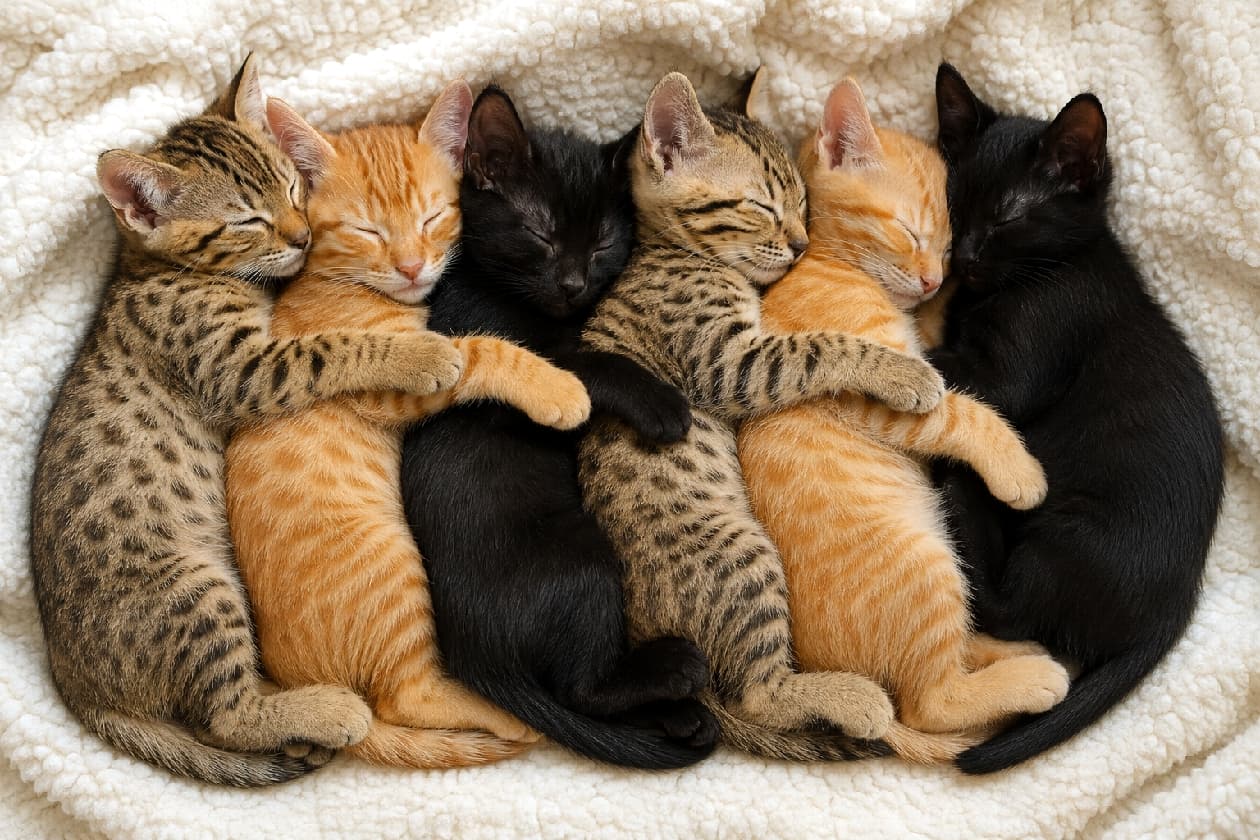 「野生的なオシキャット、茶トラ、ツヤツヤ黒猫が仲良くハグしてお昼寝中💤 違いが際立つ最高の6にゃんずですね🐾✨ #スプーン抱っこ #ちびっ子猫」An ultra-realistic high-quality photograph from a top-down view showing six tiny kittens sleeping tightly together in a row in a perfect spooning and hugging position from behind. Resting on a cozy, fluffy off-white blanket, the repeating sequence features a spotted Ocicat kitten, an orange tabby, and a solid black kitten. Each kitten gently holds the one in front of it with its tiny paws. Their peacefully closed eyes and the diverse textures and colors of their beautiful fur are captured in exquisite detail under warm natural light. 柔らかなオフホワイトのふかふか毛布の上で、6匹の小さな子猫が一列に並び、後ろから抱きつくスプーンの形で密着して眠る高画質な俯瞰写真。左から、野生的な斑点模様が美しいオシキャット、明るい縞模様の茶トラ、そして艶やかなソリッドブラックの黒猫の順に2回繰り返して連なっています。それぞれが前の子へ短い前足を回して力強く抱きしめ、安心しきってスヤスヤと目を閉じています。6匹が織りなす毛色のリズミカルな変化と被毛の柔らかな質感が、温かな自然光の中で立体的かつ緻密に描写されています
