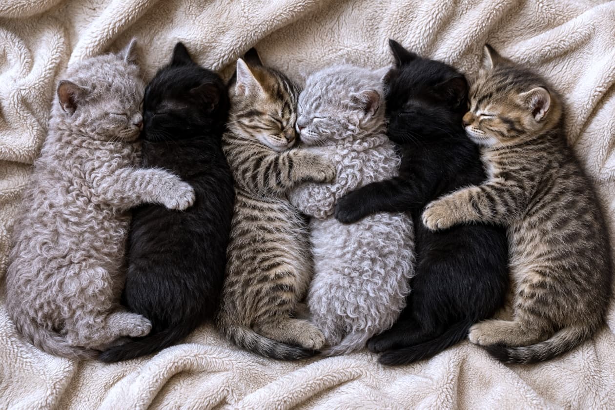 「巻き毛のセルカークレックスを筆頭に黒猫とキジトラが綺麗に整列!みんなで密着する姿は幸福度MAXです😆💖 #スプーン抱っこ #ちびっ子猫」Ultra-realistic high-quality photograph from a top-down view showing six tiny kittens sleeping tightly together in a row, hugging each other from behind. On a cozy beige blanket, the sequence features curly-haired Selkirk Rex kittens, solid black kittens, and brown tabbies. Their peacefully closed eyes, gently draped arms, and the unique volume of their respective coats are captured in rich detail under warm natural light. 柔らかなベージュのふかふか毛布の上で、6匹の子猫が一列に並び後ろから抱きつく形で密着して眠る高画質な俯瞰写真。左から羊のような巻き毛を持つセルカークレックス、艶やかな黒猫、美しい縞模様のキジトラが交互に配置されています。静かに目を閉じて眠りながら、前の子の体にそっと小さな腕を添える安心しきった表情や、各品種の個性的な被毛のボリューム感が、温かな自然光に包まれ豊かなディテールで描写されています