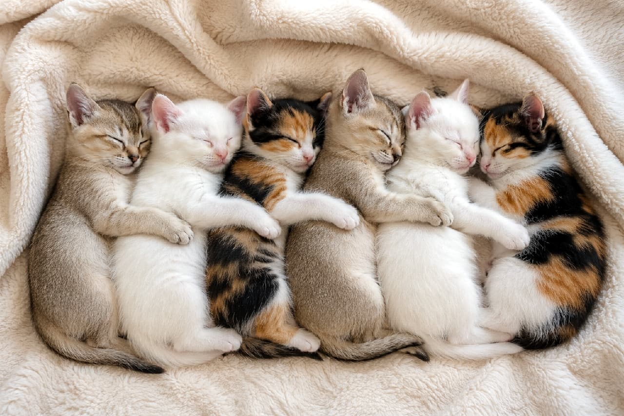 「シンガプーラ、白猫、三毛猫が交互に並んでお手てをギュッ!種別を超えた絆を感じる奇跡の寝相です🐾✨ #スプーン抱っこ #ちびっ子猫」An ultra-realistic high-quality photograph from a top-down view showing six tiny kittens sleeping tightly together in a row in a perfect spooning and hugging position from behind. Resting on a cozy, fluffy off-white blanket, the repeating sequence features a sepia-toned tiny Singapura kitten, a pure white kitten, and a brightly colored calico kitten. While their eye colors are hidden as they sleep deeply, each kitten gently holds the one in front of it with its tiny paws. Their peaceful expressions and the diverse textures and colors of their beautiful fur are captured in exquisite detail under warm natural light. 柔らかなオフホワイトのふかふか毛布の上で、6匹の小さな子猫が一列に並び、後ろから抱きつくスプーンの形で密着して眠る高画質な俯瞰写真。左から、特有のアグーティ模様を持つセピアカラーのシンガプーラ、純白の白猫、鮮やかな黒・茶・白が混ざる三毛猫の順に2回繰り返して連なっています。深く眠っており瞳の色は確認できませんが、それぞれが前の子へ短い前足を回して力強く抱きしめる安心しきった表情を浮かべています。異なる品種が織りなす毛色の美しいコントラストと被毛の柔らかな質感が、温かな自然光の中で立体的かつ緻密に描写されています