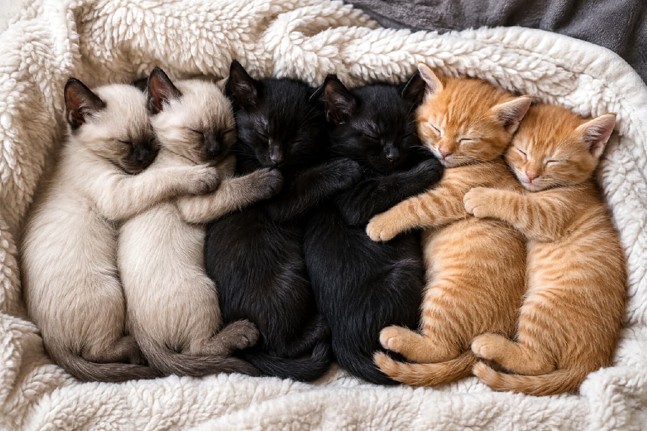 「トンキニーズ、黒猫、茶トラのちびっ子たちがピタッと整列!種別を超えたお手てギュッの寝顔が最高です😆💖 #スプーン抱っこ #ちびっ子猫」An ultra-realistic high-quality photograph from a top-down view showing six tiny kittens sleeping tightly together in a row in a perfect spooning and hugging position from behind. Resting on a cozy, fluffy off-white blanket, the group features two pointed Tonkinese kittens on the left, followed by two solid black kittens in the middle, and two orange tabbies on the right. While their eyes are peacefully closed, each kitten gently holds the one in front of it with its tiny paws. Their relaxed expressions and the striking left-to-right color gradient of their soft fur are captured in exquisite detail under warm natural light. 柔らかなオフホワイトのふかふか毛布の上で、6匹の小さな子猫が一列に並び、後ろから抱きつくスプーンの形で密着して眠る高画質な俯瞰写真。左から、美しいポイントカラーを持つトンキニーズ2匹、艶やかなソリッドブラックの黒猫2匹、そして明るいオレンジ色の茶トラ2匹の順に連なっています。瞳を閉じて深く眠っており、それぞれが前の子へ短い前足を回して力強く抱きしめる安らかな表情を浮かべています。左から右へ流れるような毛色の美しいグラデーションと柔らかな被毛の質感が、温かな自然光の中で立体的かつ緻密に描写されています