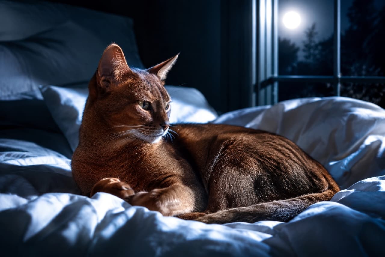 「ふかふかベッドで夜のくつろぎタイム🌙🐾月明かりに照らされた横顔が美しすぎるアビシニアンちゃん🐈 #アビシニアン #月光」Ultra-realistic high-quality photograph of an elegant Abyssinian cat resting on a soft bed, illuminated by the pale light of a full moon streaming through the window. The cinematic lighting beautifully highlights its rich ruddy coat and intelligent almond-shaped eyes, creating a serene and luxurious nighttime bedroom atmosphere. 窓から差し込む青白い満月の光に照らされながら、ふかふかのベッドの上でくつろぐアビシニアン猫。ルディカラーの野性味あふれる美しいグラデーション被毛と、知性を感じさせるアーモンド型の瞳が暗闇の中でドラマチックに浮かび上がり、静かで優雅な夜の寝室を演出
