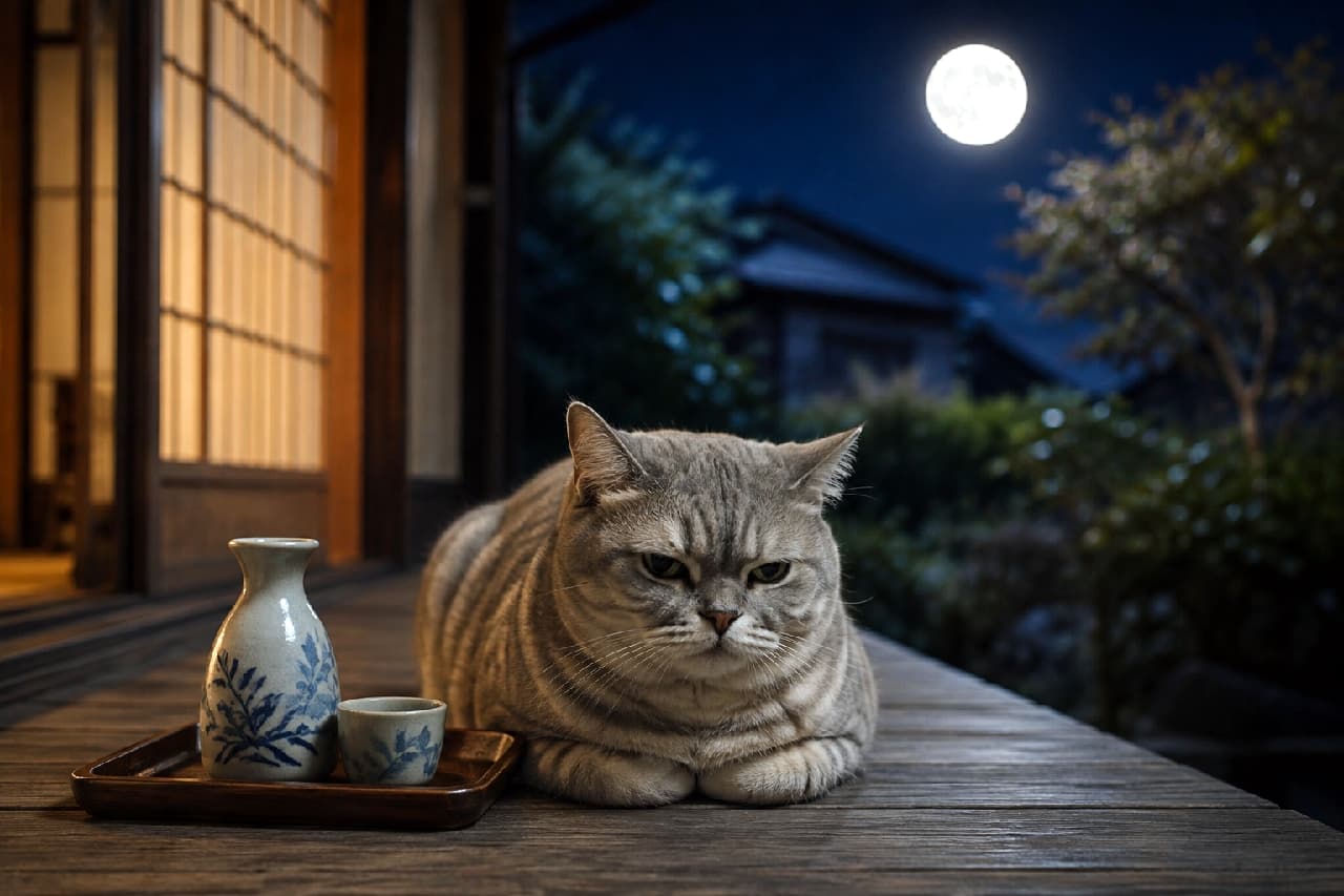 「今夜はお月見晩酌にゃ🍶🌕キリッとしたお顔で秋の夜長を嗜む猫ちゃんと一緒に、一杯いかがですか?🐈 #ブリティッシュショートヘア #お月見」Ultra-realistic high-quality photograph of a silver tabby British Shorthair cat sitting in a loaf position on a wooden porch at night. Accompanied by a traditional sake bottle and cup, the scene is illuminated by warm light from a shoji screen and the cool glow of a full moon in the background. 満月が輝く夜の縁側で、香箱座りをしてくつろぐブリティッシュショートヘアの猫。美しいシルバータビーの被毛とキリッとした真顔が印象的です。手前には徳利とお猪口が置かれ、障子から漏れるあたたかな光と青白い月明かりが、大人の秋の晩酌風景を美しく演出