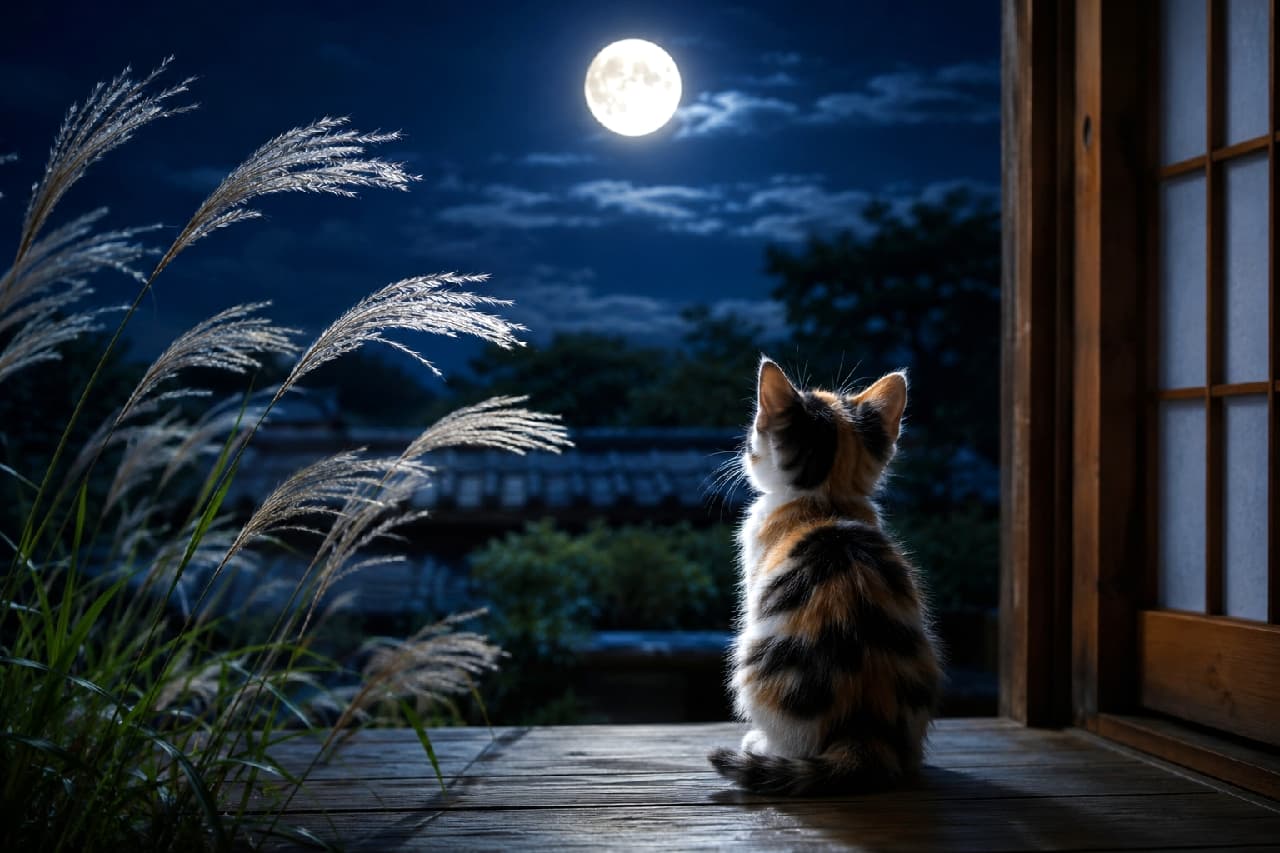 「小さな背中でお月見中🌕🍂ススキの揺れる縁側で、秋の夜空を独り占めする三毛猫ちゃん🐾#三毛猫 #お月見」Ultra-realistic high-quality photograph of an adorable calico kitten sitting on a traditional wooden porch from behind, looking up at the full moon. Its fluffy coat with vivid black, orange, and white patches is highlighted by the moonlight, while silver pampas grass gently swaying on the left adds deep autumn charm. 昔ながらの木造の縁側にちょこんと座り、夜空の満月を見上げる三毛猫の子猫の愛らしい後ろ姿。黒、茶、白の鮮やかな模様とふわふわの被毛が月明かりに浮かび上がり、左手で風に揺れる銀色のススキが秋の情緒を深めています