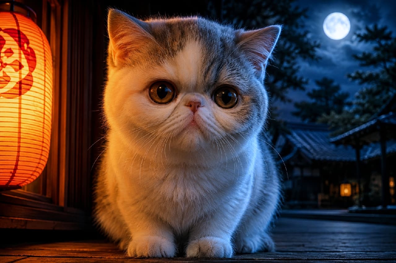 「提灯のあたたかい光とお月様🏮✨まん丸なお目目で見つめてくる表情から目が離せない秋の夜長🐈 #エキゾチックショートヘア #月光」Ultra-realistic high-quality photograph of a flat-faced Exotic Shorthair kitten sitting on a wooden porch, staring intently at the viewer. Its adorable face and silver tabby-and-white coat are beautifully illuminated by the warm orange glow of a traditional paper lantern on the left and the cool moonlight on the right. 夜の縁側にちょこんと座り、じっとこちらを見つめるエキゾチックショートヘアの子猫。鼻ぺちゃの愛らしい顔立ちとシルバータビー&ホワイトの被毛が、左側の和風提灯のあたたかいオレンジ色の光と、右奥の冷たい月光のダブルライティングで立体的に美しく描写されています