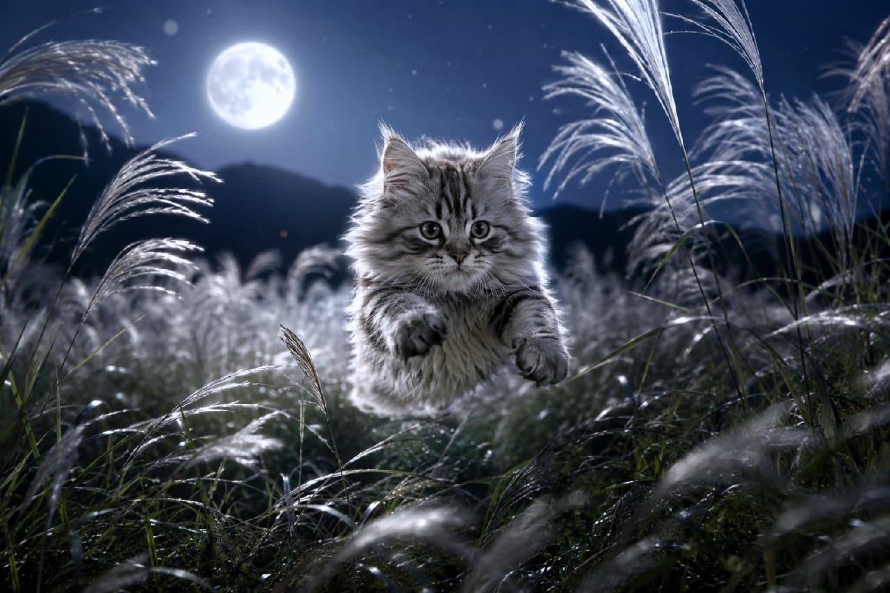 「お月様に向かって大ジャンプ!🌕🌾元気いっぱいに秋の夜を駆け抜けるふわふわ子猫ちゃん🐈💨 #メインクーン #月光」Ultra-realistic high-quality photograph of a fluffy Maine Coon kitten leaping energetically forward through a field of silver pampas grass under a full moon. The dynamic shot captures its wind-blown long fur, wide round eyes, and outstretched paws, radiating vibrant life and motion. 月が照らす夜の草原で、銀色のススキを掻き分けて正面に向かって勢いよくジャンプするふわふわのメインクーンの子猫。ふかふかの被毛が風に舞い、大きく見開かれた丸い瞳と前方に伸ばされた前足から、溢れんばかりの生命力と躍動感が伝わります