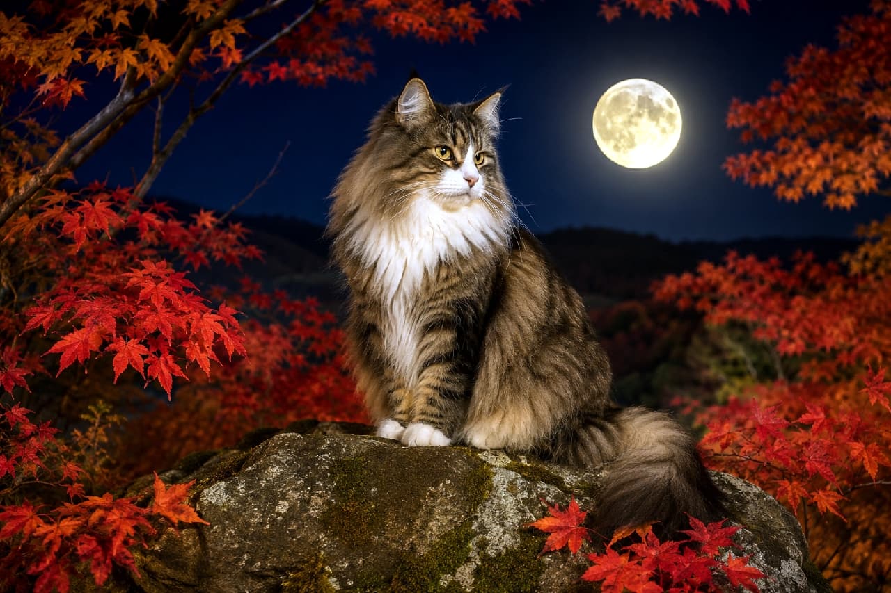 「紅葉とお月様に照らされて🍁🌕気高さに思わず見惚れてしまう、森の王様のような美しすぎる横顔🐈✨ #ノルウェージャンフォレストキャット #お月見」Ultra-realistic high-quality photograph of a majestic long-haired Maine Coon cat sitting gracefully on a mossy rock under a bright full moon. Surrounded by vibrant red maple leaves, its fluffy brown tabby and white coat is beautifully illuminated by moonlight, creating a breathtaking and mystical autumn landscape. 大きな満月が輝く深い夜空を背景に、苔むした岩の上に気高く座るメインクーンの長毛猫。ブラウンタビー&ホワイトのふさふさとした豪華な被毛と凛々しい横顔が青白い月光に照らされ、周囲を彩る鮮やかな真っ赤な紅葉が、神秘的で息を呑むような秋の絶景を作り出しています