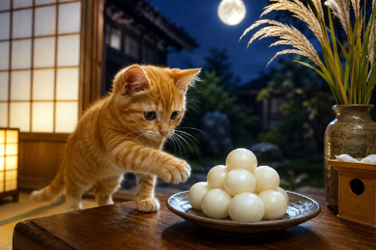 「それ、美味しいのにゃ?🍡🐾お月様よりお団子に夢中な茶トラちゃんの、イタズラな手がたまらない💕 #茶トラ #お月見」Ultra-realistic high-quality photograph of a curious orange tabby kitten reaching its paw toward a plate of glossy Tsukimi dango (moon viewing dumplings) on a traditional low table at a porch. The warm light from shoji screens highlights its orange stripes, while a full moon and pampas grass in the background complete this heartwarming Japanese autumn scene. 夜の縁側に置かれたちゃぶ台で、高く積まれたツヤツヤの月見団子に興味津々で前足を伸ばす茶トラの子猫。温かみのある障子の光とオレンジ色の縞模様がマッチし、背景には満月と活けられたススキが見える、ほっこりとした日本の秋の日常風景