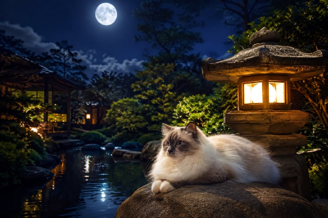 「灯籠の明かりに照らされて🌕✨夜の日本庭園で静かな時間を過ごす、気品たっぷりのラグドールちゃん🐈 #ラグドール #月光」Ultra-realistic high-quality photograph of a majestic Ragdoll cat with blue bicolor markings resting on a rock next to a glowing stone lantern in a nighttime Japanese garden under a full moon. The warm orange light and pale moonlight illuminate its long, silky fur, creating a magical and luxurious traditional atmosphere with reflections on the water. 満月が浮かぶ夜の日本庭園で、あたたかな光を放つ石灯籠の横の岩でくつろぐラグドール。ブルーポイントバイカラーの美しい長毛が灯籠のオレンジ色の光と青白い月光に照らされ、水面に反射する光とともに、幻想的で高級感あふれる和の空間を演出
