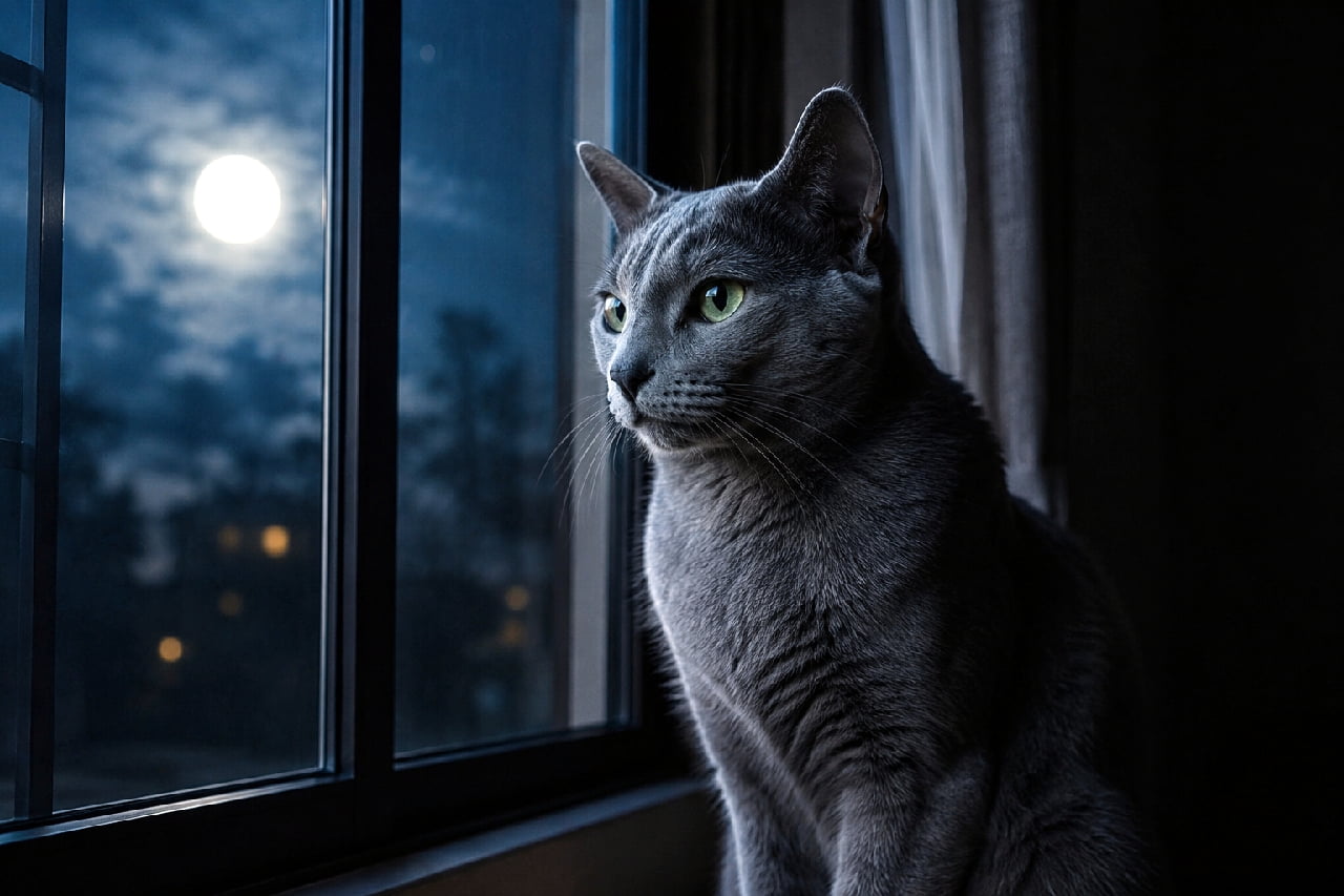 「お月様、何をお話ししているの?🌕✨銀色の毛並みが月光に映える、静かな秋の夜長のひととき🐾 #ロシアンブルー #月光」Ultra-realistic high-quality photograph of a Russian Blue cat sitting by a window, gazing at the full moon in the night sky. The soft moonlight illuminates its velvety silver-gray short coat and glowing emerald-green eyes, capturing a serene and mystical nighttime atmosphere in a beautiful profile composition. 仄暗い部屋の窓辺に佇み、夜空に浮かぶ満月を静かに見つめるロシアンブルーの猫。ベルベットのように滑らかな銀灰色の短い被毛が青白い月光に照らされ、神秘的なエメラルドグリーンの瞳が輝いています。静寂に包まれた夜の空気感が伝わる、美しい横顔の構図です
