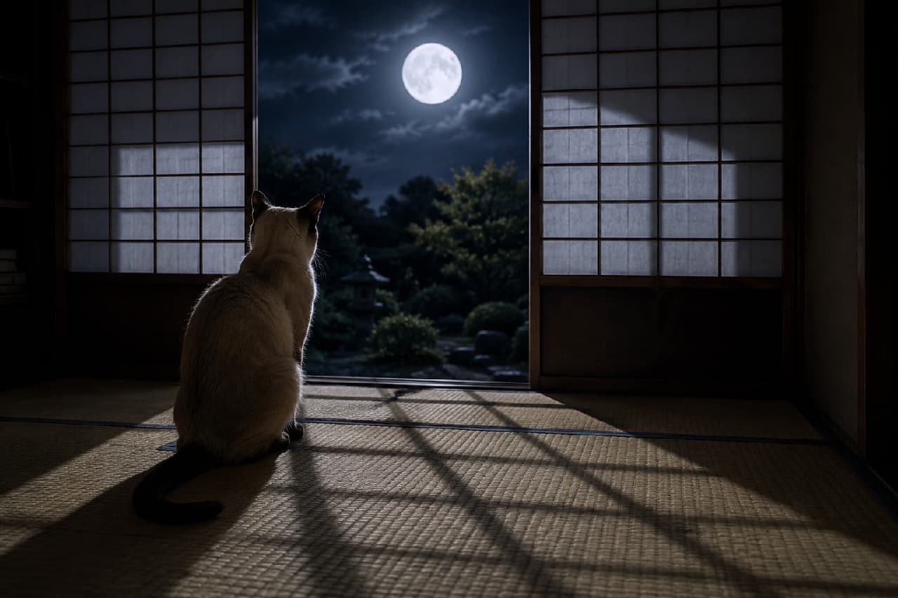 「お月様を見つめて何を想うの?🌕✨障子越しに広がる夜の庭と、美しい猫のシルエットから目が離せない🐾 #シャム猫 #月光」Ultra-realistic high-quality photograph of a Siamese cat sitting in a dark tatami room, looking out through open shoji sliding doors. Its elegant silhouette with dark points and the long shadow cast on the tatami are dramatically highlighted by the pale light of a full moon glowing over a traditional Japanese garden. 暗い畳の部屋から開け放たれた障子の外を見つめるシャム猫の後ろ姿。耳やしっぽのダークなポイントカラーとしなやかな背中のライン、そして畳に長く落ちる影が、庭園の奥で静かに輝く満月の青白い光によってドラマチックに浮かび上がっています