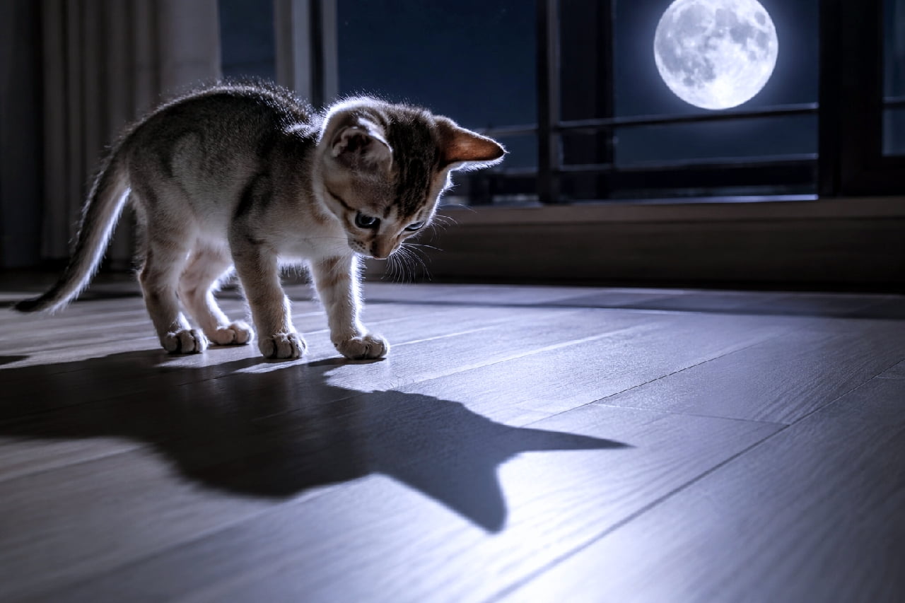 「ねぇねぇ、キミは誰にゃ?🌕🐾月明かりが作った自分の影に夢中な子猫の、好奇心あふれる夜の冒険🐈✨ #シンガプーラ #月光」Ultra-realistic high-quality photograph of a curious Singapura kitten standing on a wooden floor, looking down at its own distinct shadow cast by the bright moonlight streaming through the window. The cool, cinematic lighting highlights the kitten's large ears and delicate features in a quiet nighttime room. 窓から差し込む明るい満月の光に照らされたフローリングの部屋で、自分のくっきりとした影を不思議そうに見つめる小さなシンガプーラの子猫。大きな耳としなやかな細い手足、繊細な被毛が月光に浮かび上がり、静寂な夜の中で好奇心に満ちた愛らしい瞬間を捉えています