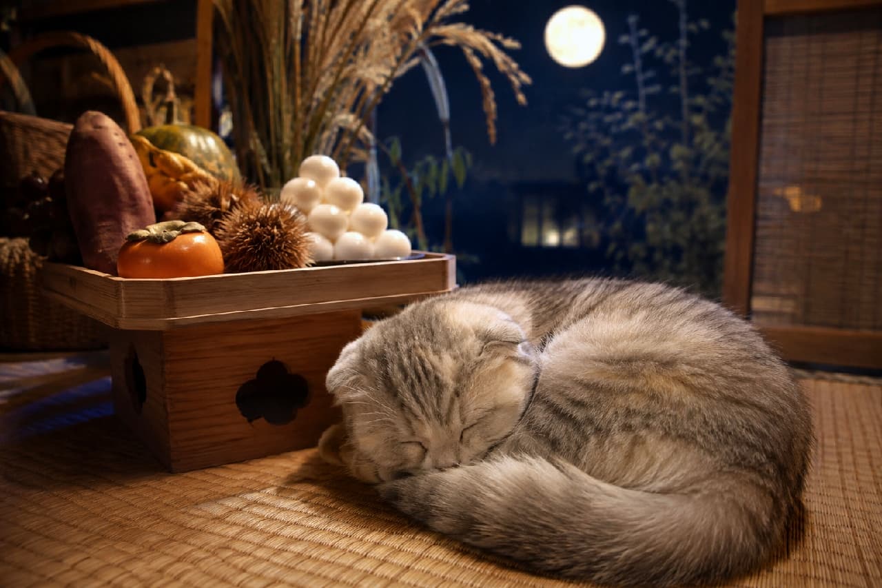 「お月見団子より今は夢の中…🍡💤秋の豊穣に囲まれて畳で眠る姿にほっこり癒される秋の夜長🌕🐾#スコティッシュフォールド #お月見」Ultra-realistic high-quality photograph of a Scottish Fold kitten sleeping comfortably curled up on a tatami mat. Behind it, a traditional wooden Sanbo stand is beautifully arranged with Tsukimi dango, persimmons, sweet potatoes, chestnuts, and pampas grass, symbolizing the rich autumn harvest under a full moon. 満月が覗く夜、畳の上で心地よさそうに丸くなって眠るスコティッシュフォールドの子猫。その背後には伝統的な木製の三方(さんぼう)が置かれ、ツヤのある月見団子、柿、さつまいも、栗、ススキなど、実りの秋を象徴するお供え物が美しく配置されています
