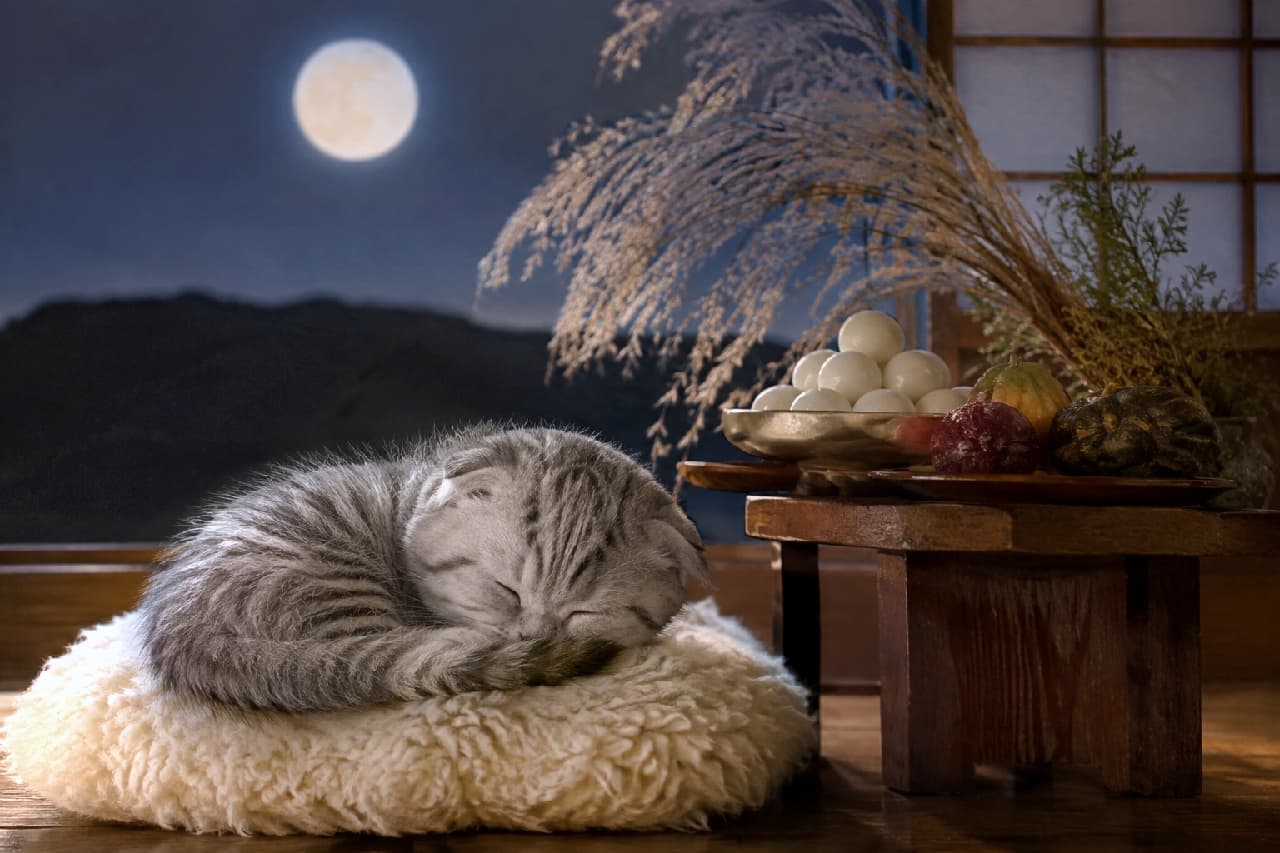 「お月見の準備はバッチリ🍡💤お団子のそばですやすや眠る子猫の寝顔に癒される秋の夜長🌕🐈 #スコティッシュフォールド #お月見」Ultra-realistic high-quality photograph of a silver tabby Scottish Fold kitten sleeping peacefully on a fluffy round cushion. The moonlight beautifully illuminates its soft fur, while Tsukimi dango, autumn fruits, and pampas grass arranged on a wooden table beside it create a rich, traditional autumn atmosphere under a full moon. 満月が浮かぶ夜の窓辺で、ふわふわの丸いクッションの上で身をかがめて眠るスコティッシュフォールドの子猫。美しいシルバータビーの柔らかな被毛が月光に照らされ、傍らの木製テーブルに飾られたツヤツヤの月見団子や秋の果実、ススキが豊かな秋の情景を描き出しています