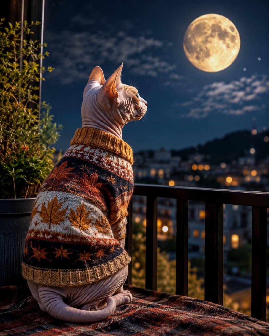 「お洒落な紅葉柄セーターで防寒もバッチリ🍂🌕秋風を感じながらお月見を楽しむスフィンクスちゃん🐈✨ #スフィンクス #お月見」Ultra-realistic high-quality photograph of a hairless Sphynx cat sitting on a balcony, gazing up at a large full moon over a distant cityscape. Wearing a cozy, thick knitted sweater with autumn maple leaf patterns, the cat's unique skin texture and large ears are highlighted in this nostalgic and stylish nighttime scene. 秋の夜のバルコニーに座り、遠くの街並みと大きな満月を見上げるスフィンクス猫の美しい後ろ姿。紅葉柄があしらわれた暖かそうな厚手のニットセーターを着ており、特徴的な被毛のない滑らかな肌の質感やしわ、ピンと立った大きな耳が、ノスタルジックな風景の中で際立っています