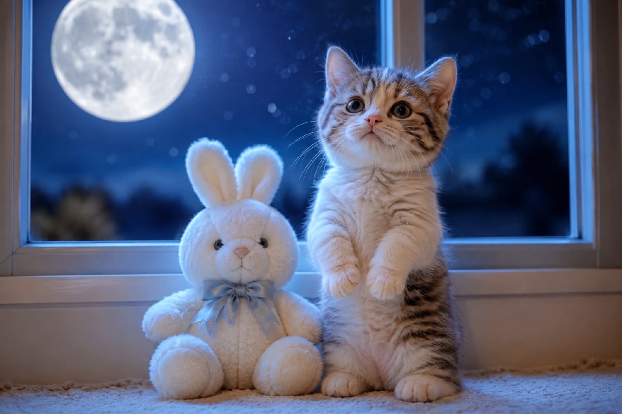 「お月様にうさぎさんはいるのかな?🐰🌕ぬいぐるみと並んで立ち上がる姿がたまらなく愛おしい夜🐾✨ #マンチカン #お月見」Ultra-realistic high-quality photograph of a silver tabby Munchkin kitten standing on its hind legs next to a white bunny plush with a blue ribbon by a window. The kitten's large, clear eyes reflect the bright light of a giant full moon and starry night sky, creating a magical, storybook-like atmosphere. 巨大な満月と星空が見える窓辺で、短い前足をキュッと上げて立ち上がるシルバータビーのマンチカンの子猫。隣には水色のリボンをつけた白いうさぎのぬいぐるみが並び、子猫の大きく澄んだ丸い瞳に月明かりが反射する、幻想的で絵本のような世界観