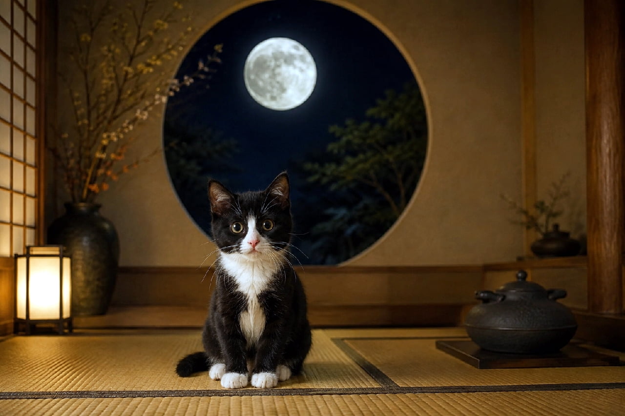 「まん丸お月様と円窓、そしてハチワレ子猫のコラボ🌕🐾和の温もりあふれる空間で一緒に夜更かししよ?🍵 #ハチワレ子猫 #お月見」Ultra-realistic high-quality photograph of a cute tuxedo kitten sitting quietly on a tatami mat in a traditional Japanese room. In the background, a large round architectural window perfectly frames a glowing full moon. Illuminated by warm indoor light, the highly detailed scene exudes a cozy family atmosphere and architectural beauty. 伝統的な和室の畳の上にちょこんと行儀よく座る、ハチワレ模様が愛らしいタキシードキャットの子猫。丸く大きな黄金色の瞳でこちらをじっと見つめています。背景には建築美を感じさせる大きな円窓が枠となり、夜空に輝く満月を完璧に縁取っています。行灯の温かな光と傍らに置かれた鉄瓶が、家族の団欒のような心地よく安心感のある和の空間を演出