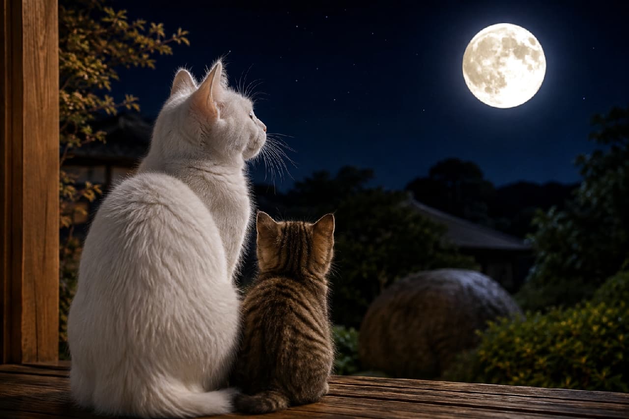 「ふたりで見るお月様は特別だね🌕🐈大きな背中と小さな背中が寄り添う、心温まる秋の夜のひととき🍁 #白猫 #お月見」Ultra-realistic high-quality photograph of two cats sitting side-by-side on a wooden porch from behind, looking up at a bright full moon. The smooth coat of the large white cat on the left and the striped pattern of the small brown tabby kitten snuggled on the right are gently illuminated by the moonlight, emphasizing a heartwarming bond. 木の縁側に並んで座り、夜空に浮かぶ明るい満月を静かに見上げる2匹の猫の後ろ姿。左側の大きな白猫の滑らかな被毛と、右側にちょこんと寄り添う小さなキジトラ子猫の縞模様が月明かりに照らされ、背景の暗い庭のシルエットが温かい絆を強調