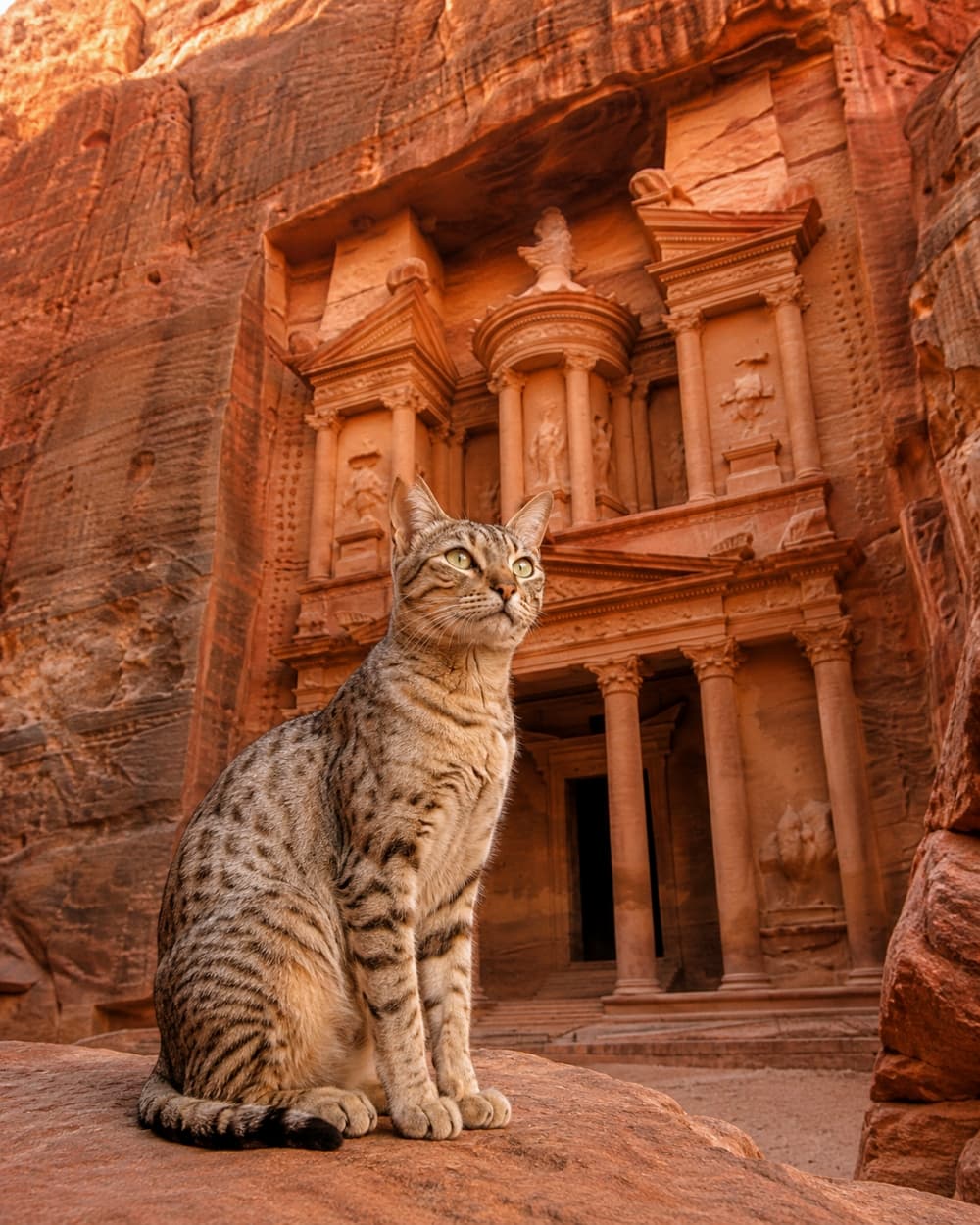 「古代の宝物殿に現れた小さな冒険家🐾 壮大な歴史的建築に負けない、堂々としたお座り姿が最高にクール！ #アラビアンマウ #世界の絶景」An ultra-realistic high-quality photograph of an adult Arabian Mau cat sitting on a rock in front of a majestic ancient sandstone temple, looking up with amber eyes. 太陽光が差し込む壮大な砂岩の古代遺跡を背景に、美しいスポット模様を持つ大人のアラビアンマウ猫が岩の上に座り、好奇心旺盛に上を見上げている。アンバーの瞳と滑らかな被毛が、遺跡の赤茶色と見事に調和した神秘的な情景