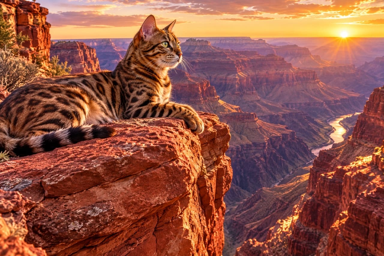 「壮大な大自然を独り占め！🏜️ 黄金色の夕日に照らされたベンガル猫のワイルドな美しさに惹き込まれる！ #ベンガル #世界の絶景」An ultra-realistic high-quality photograph of a stunning Bengal cat with clear rosette patterns resting on a red rock cliff, looking out over a vast grand canyon landscape bathed in the golden light of a spectacular sunset. グランドキャニオンのような壮大な赤い岩肌の渓谷を背景に、夕日を浴びて輝くベンガル猫が崖の縁で腹ばいにくつろいでいる。野生味あふれる鮮明なロゼット模様（ヒョウ柄）としなやかな太い前足、遠くを見つめる凛々しい緑色の瞳が、大自然のスケール感と見事に調和している