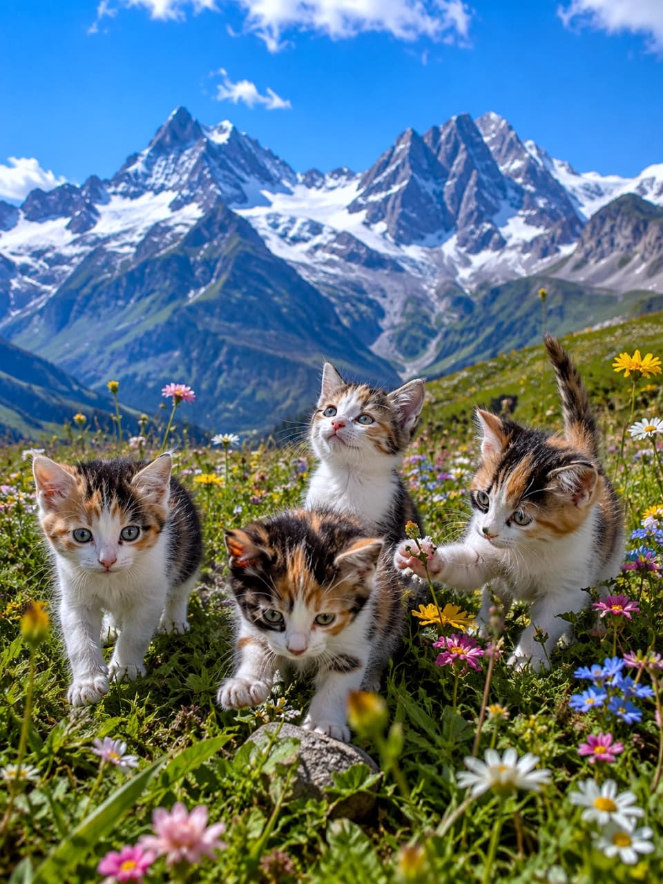 「絶景のお花畑を大冒険する子猫たち🌸 どの子の仕草も可愛すぎて、ずっと見ていたくなる癒やしの風景✨ #子猫カルテット #世界の絶景」An ultra-realistic high-quality photograph of four vibrant calico kittens playing in an alpine meadow full of wildflowers, with snow-capped majestic mountains and a clear blue sky in the background. 残雪のそびえる雄大な山脈と青空の下、高山植物が咲き乱れる草原で4匹の三毛（キャリコ）の子猫が遊んでいる。好奇心旺盛に花に触れる子や空を見上げる子など、多彩な毛色と青い瞳、豊かな表情が生き生きと描かれている
