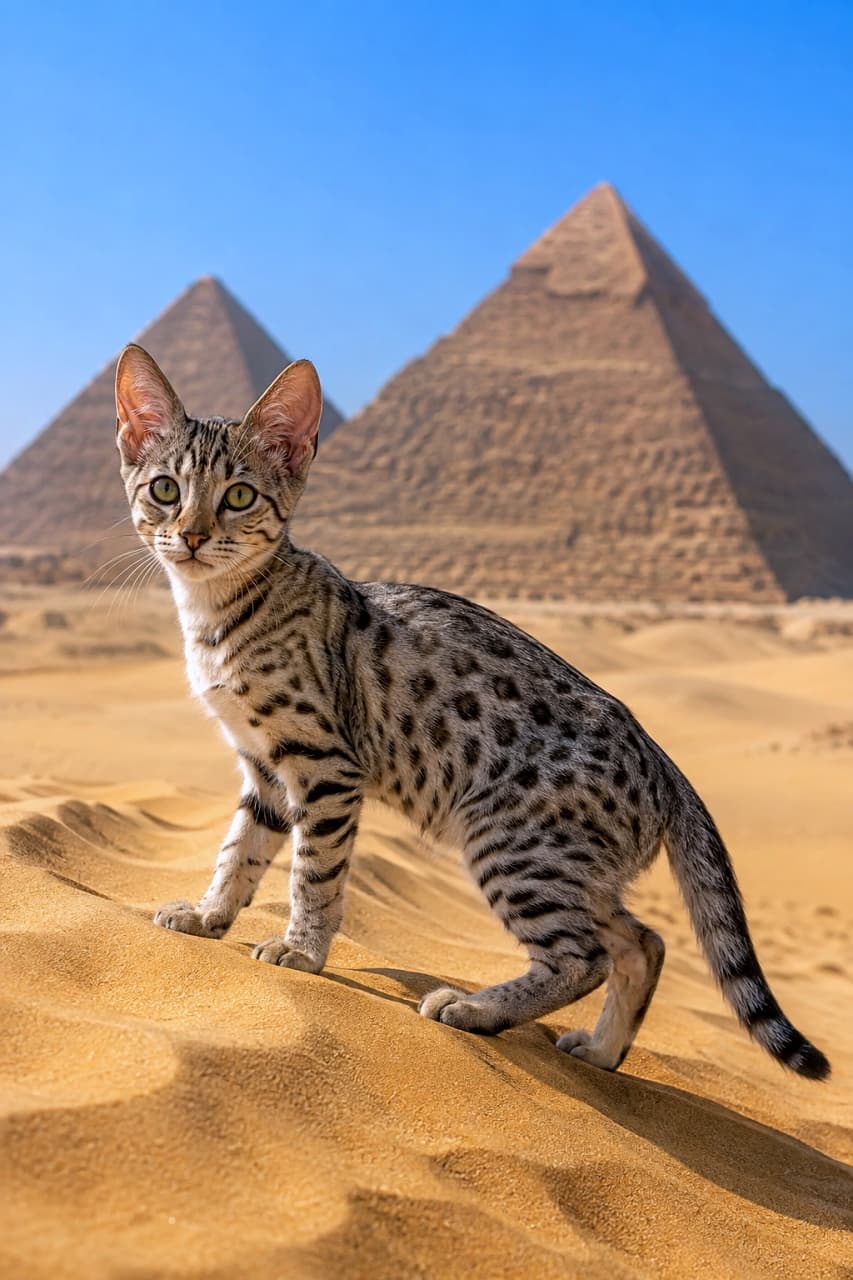 「古代のファラオも愛した神聖な姿🇪🇬 圧倒的なスケールの遺跡とワイルドな豹柄のコントラストがたまらない！ #エジプシャンマウ #世界の絶景」An ultra-realistic high-quality photograph of a sleek Egyptian Mau kitten standing gracefully on golden sand dunes, looking at the viewer, with the majestic Pyramids of Giza rising against a clear blue sky. 雲一つない青空と巨大なギザのピラミッドを背景に、美しい豹柄のスポットを持つ滑らかな毛並みのエジプシャンマウの子猫が黄金色の砂丘の上に立っている。エジプトの神獣を思わせるしなやかなシルエットと鋭い視線が、歴史のロマンを感じさせる