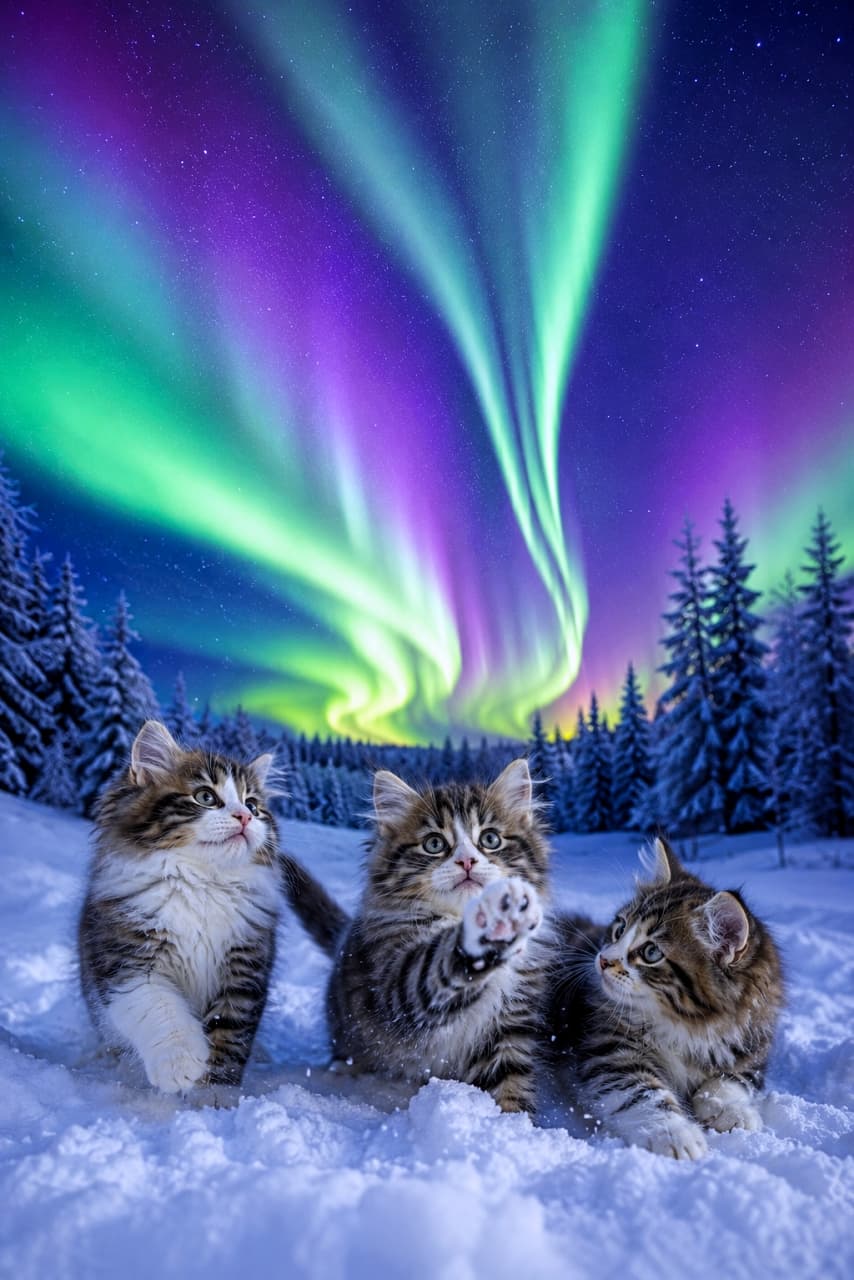 「夜空の光のカーテンに大はしゃぎ🌌 雪の中で無邪気に遊ぶモフモフ子猫トリオの姿がたまらなく可愛い！ #ノルウェージャンフォレストキャット #世界の絶景」An ultra-realistic high-quality photograph of three fluffy tabby and white kittens playing in a snowy pine forest, with a vibrant green and purple aurora borealis illuminating the starry night sky above them. 緑と紫が鮮やかに交差するオーロラと満天の星空を背景に、針葉樹林の雪原で遊ぶ3匹の長毛キジ白子猫たち。ノルウェージャンフォレストキャット風の豊かな被毛に雪をつけ、中央の子猫が空に向かって前足を伸ばす愛らしい仕草が、極北の神秘的な夜を温かく彩っている