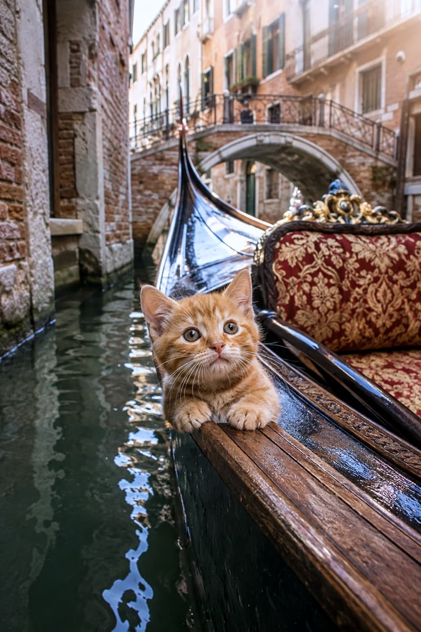 「はじめての船旅に興味津々🛶 ゴンドラからひょっこりお顔を出す茶トラちゃんとのイタリア旅行気分！ #茶トラ #世界の絶景」An ultra-realistic high-quality photograph of a curious orange tabby kitten resting its paws on the edge of a luxurious gondola, looking out over a classic Venetian canal with historic brick buildings and a footbridge. 水面に建物が反射するヴェネツィアの歴史的な運河。豪華な装飾が施されたゴンドラの縁に両前足を乗せ、好奇心いっぱいの丸い瞳で身を乗り出して景色を見つめる茶トラの子猫。光沢のある黒い船体とレンガ造りの街並みが、旅情をそそります