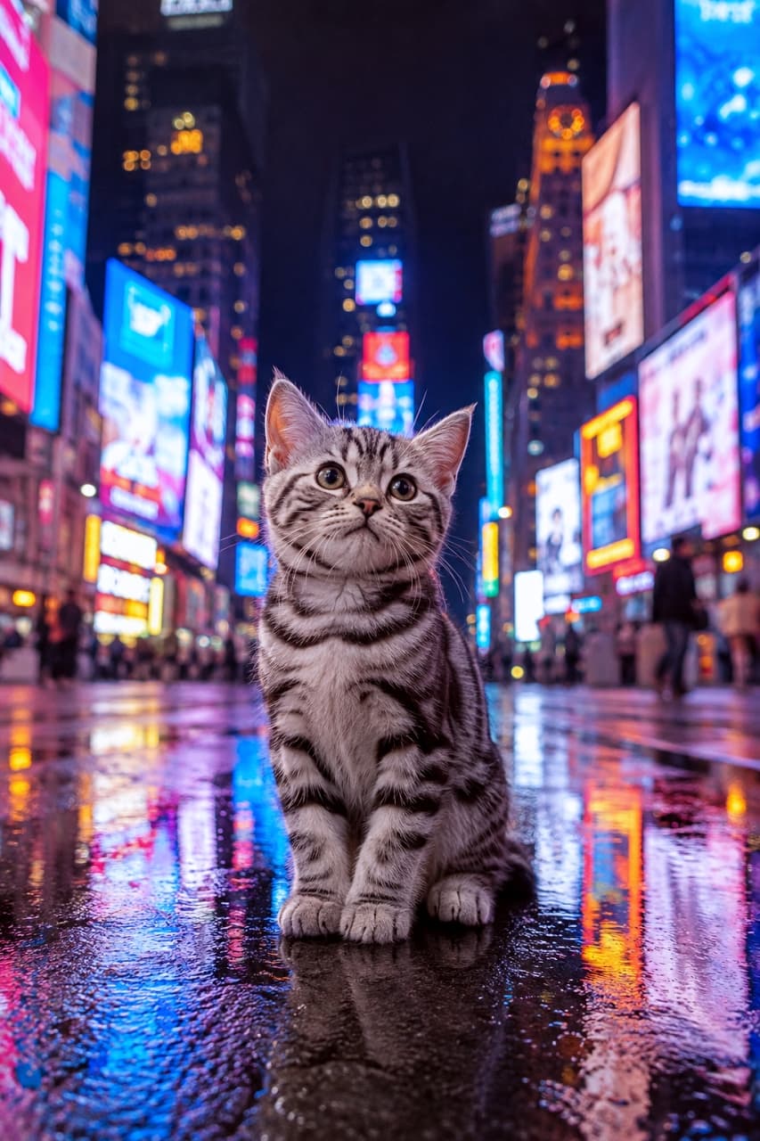 「きらめく夜の街に迷い込んだ小さな主人公✨ 濡れた路面に反射するネオンと凛とした表情が映画のワンシーン🎞️ #アメリカンショートヘア #世界の絶景」An ultra-realistic high-quality photograph of a confident American Shorthair kitten sitting on wet pavement reflecting vibrant city neon lights at night, looking up with large round eyes. カラフルなネオンサインが濡れたアスファルトに反射する夜の繁華街。自信に満ちたアメリカンショートヘアの子猫が中央にお座りし、大きな丸い瞳で上を見つめている。しっとりした被毛の質感とサイバーパンクな光の対比が美しい