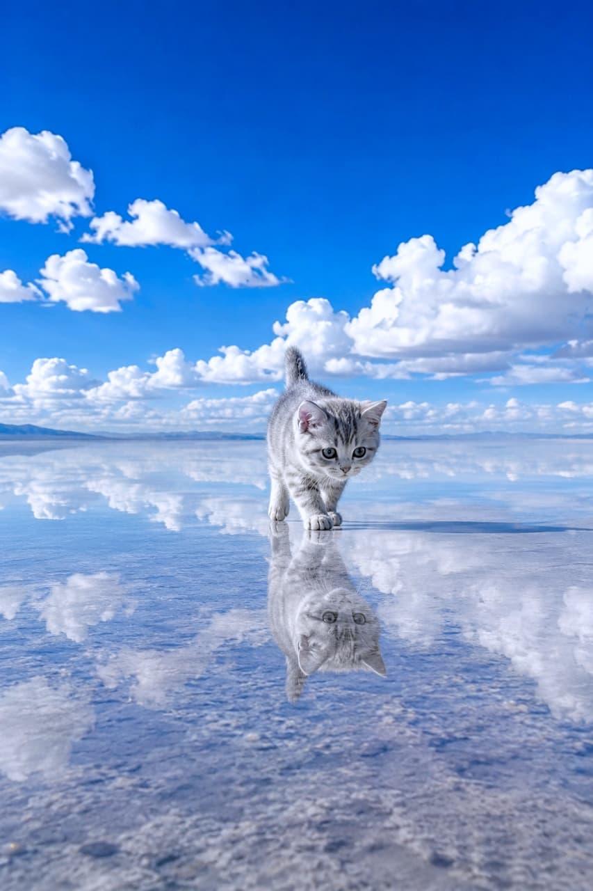 「空の上をお散歩している気分☁️ どこまでも続く鏡のような世界を歩く子猫の姿が、最高にファンタジー！ #ブリティッシュショートヘア #世界の絶景」An ultra-realistic high-quality photograph of a silver tabby British Shorthair kitten walking on the Uyuni salt flats, with the vast blue sky and fluffy white clouds perfectly reflected on the mirror-like ground, creating a surreal and pure atmosphere. ウユニ塩湖のような、青空と白い雲が足元まで完璧に反射する「天空の鏡」の上を歩くシルバータビーのブリティッシュショートヘアの子猫。波紋ひとつない水面に被毛の縞模様や丸い瞳がくっきりと逆さに映り込み、現実離れした透明感あふれる世界がどこまでも広がっている