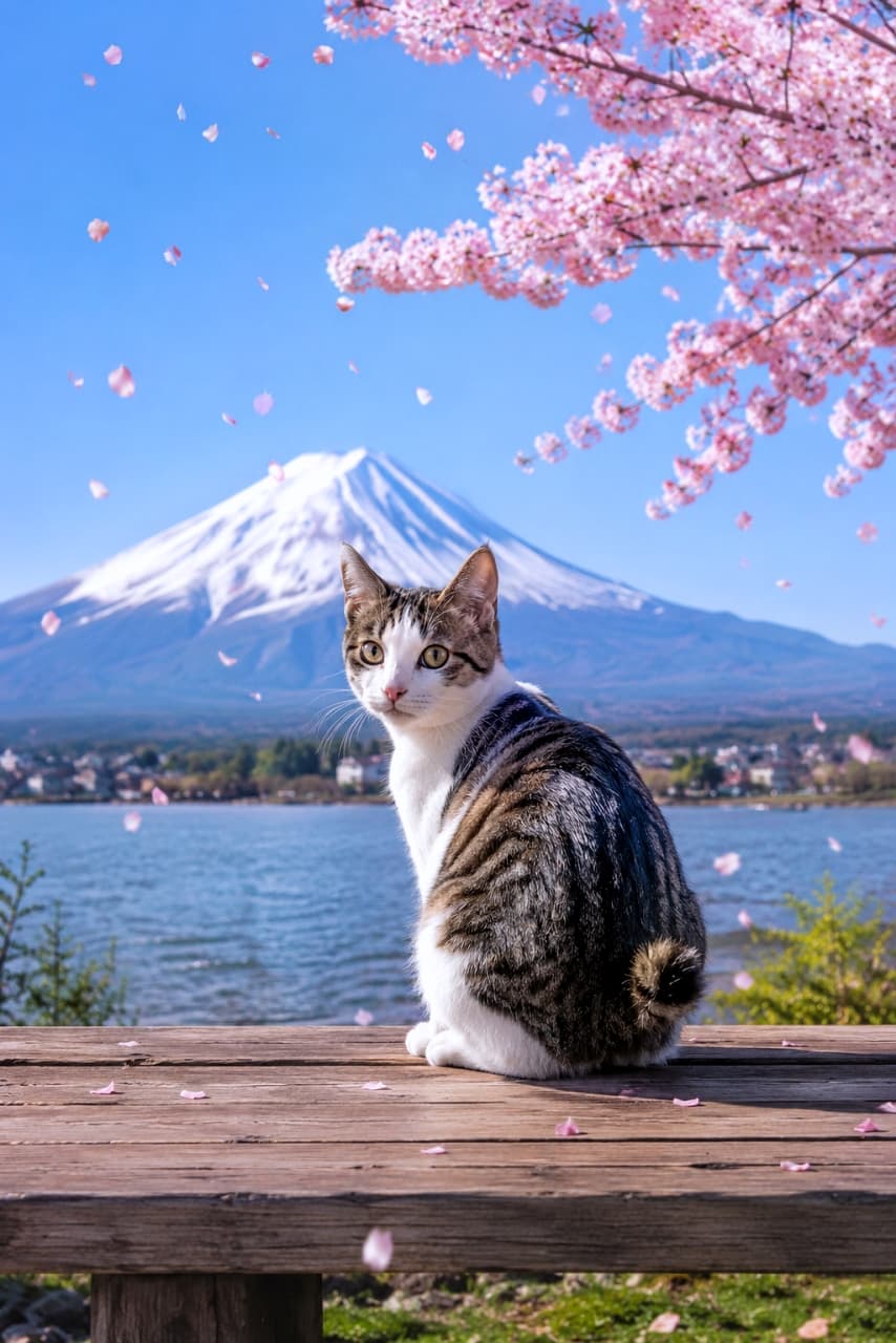 「富士山×桜×猫🌸 日本の春の美しさを全部詰め込んだ、奇跡のシャッターチャンスをおすそ分け！ #ジャパニーズボブテイル #世界の絶景」An ultra-realistic high-quality photograph of a tabby and white Japanese Bobtail cat sitting on a wooden bench and looking back over its shoulder, with Mount Fuji, a blue lake, and falling cherry blossoms in the background. 満開の桜が舞い散る湖畔の木製ベンチに座り、こちらを振り返るキジ白の日本猫。ジャパニーズボブテイルのような短い丸尾と澄んだ瞳が愛らしく、背景には雪化粧をした雄大な富士山と青空が広がる、日本の春を象徴する情景
