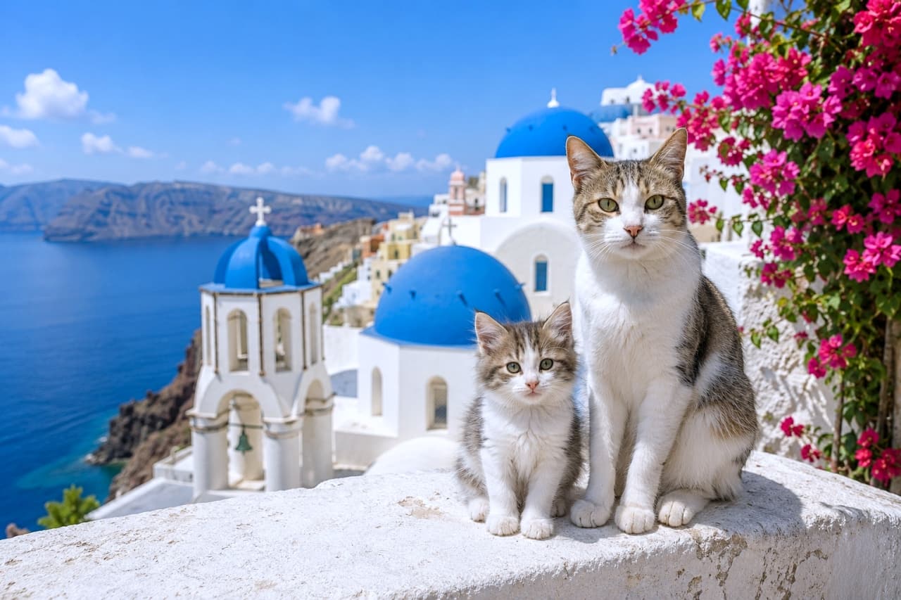 「エーゲ海の風を感じる親子の時間🇬🇷 青い屋根と白い壁、鮮やかな花々に囲まれた猫たちの夏休み！ #エーゲキャット #世界の絶景」An ultra-realistic high-quality photograph of a tabby and white Aegean cat and its kitten sitting on a white wall, framed by bright pink bougainvillea, overlooking the iconic blue domes and sparkling Aegean sea of Santorini. ギリシャのサントリーニ島を象徴する、真っ青なエーゲ海とブルードームの白い建築群を背景に、白い塀の上に並んでお座りするキジ白のエーゲキャットの親子。鮮やかなピンクのブーゲンビリアが画面右側に彩りを添え、穏やかな表情で正面を見つめる猫たちがリゾートの爽やかな風を感じさせる